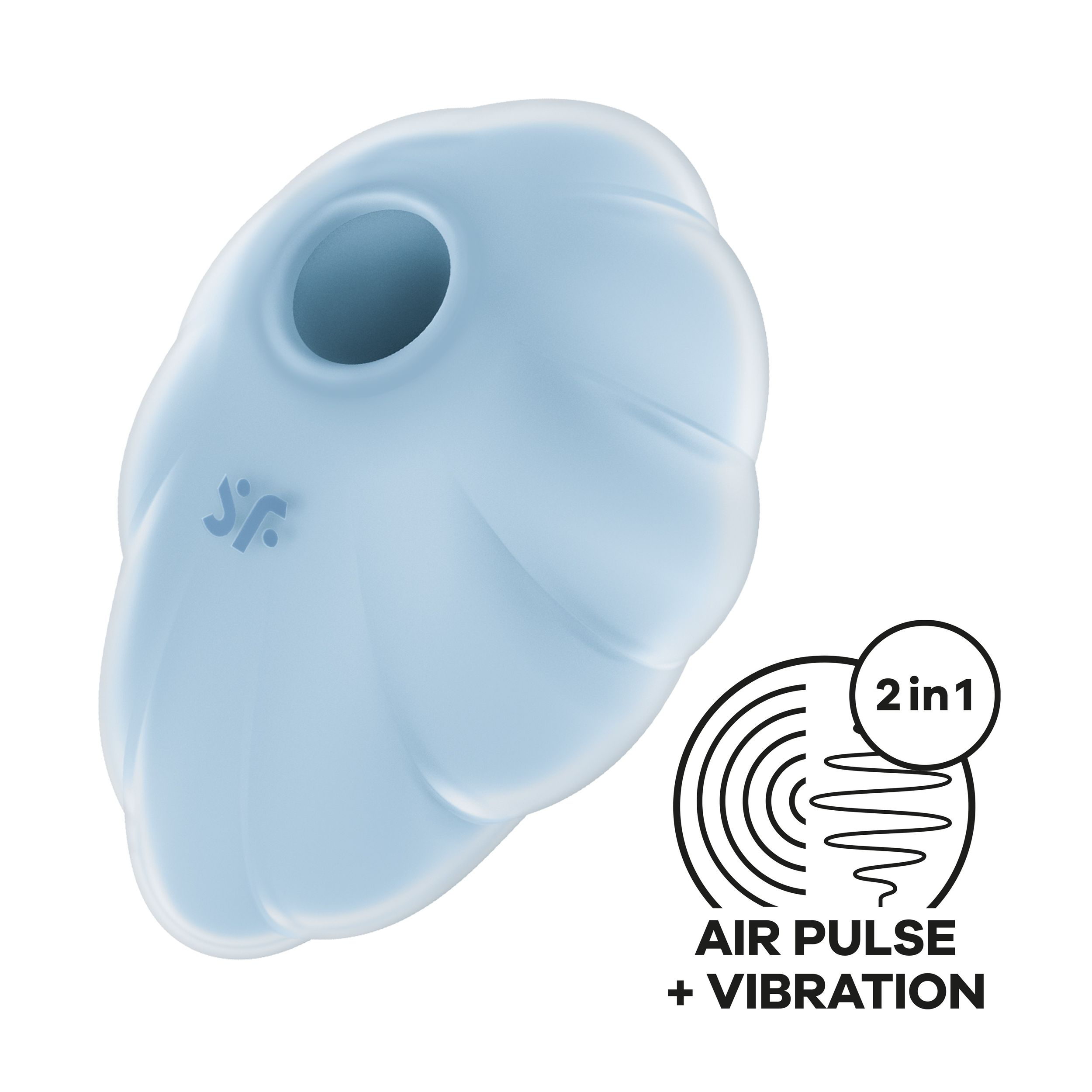 Blaues medizinisches Gerät mit Text und Grafik für Luftimpuls und Vibration. Weißer Hintergrund.