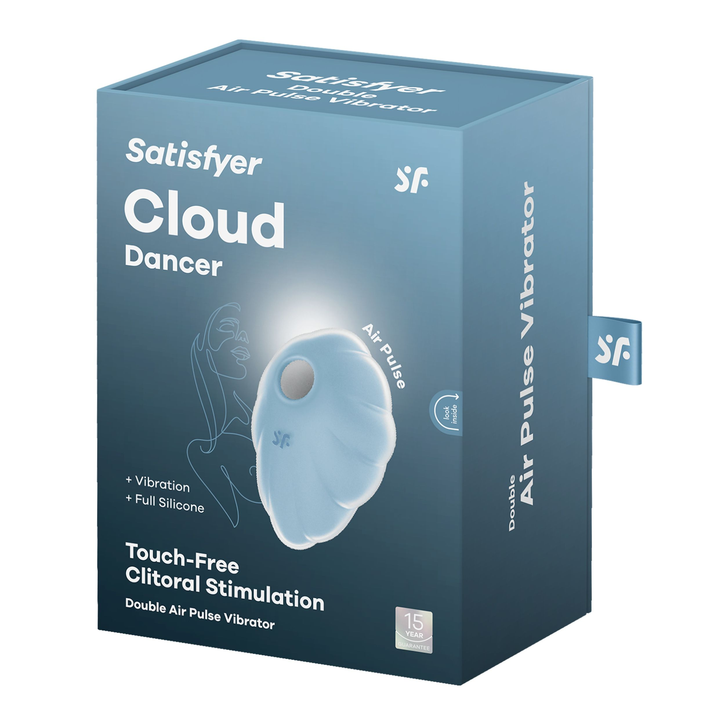 Schachtel von Satisfyer Cloud Dancer, einem blauen, berührungslosen Klitorisstimulator, mit Text und Bildern.