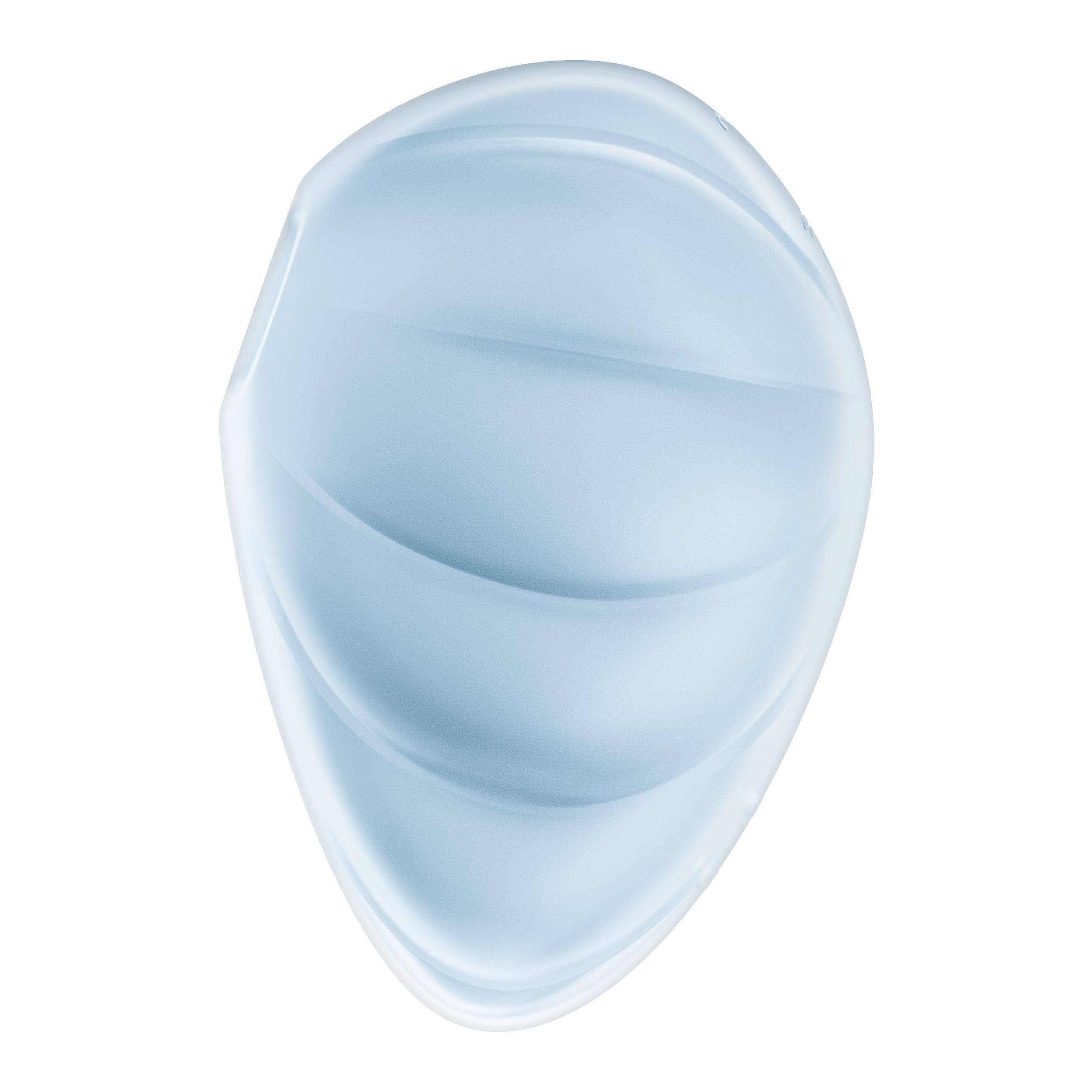 Eine hellblaue Gesichtsmaske wird vor weißem Hintergrund gezeigt. Sie hat ein geschwungenes Design.