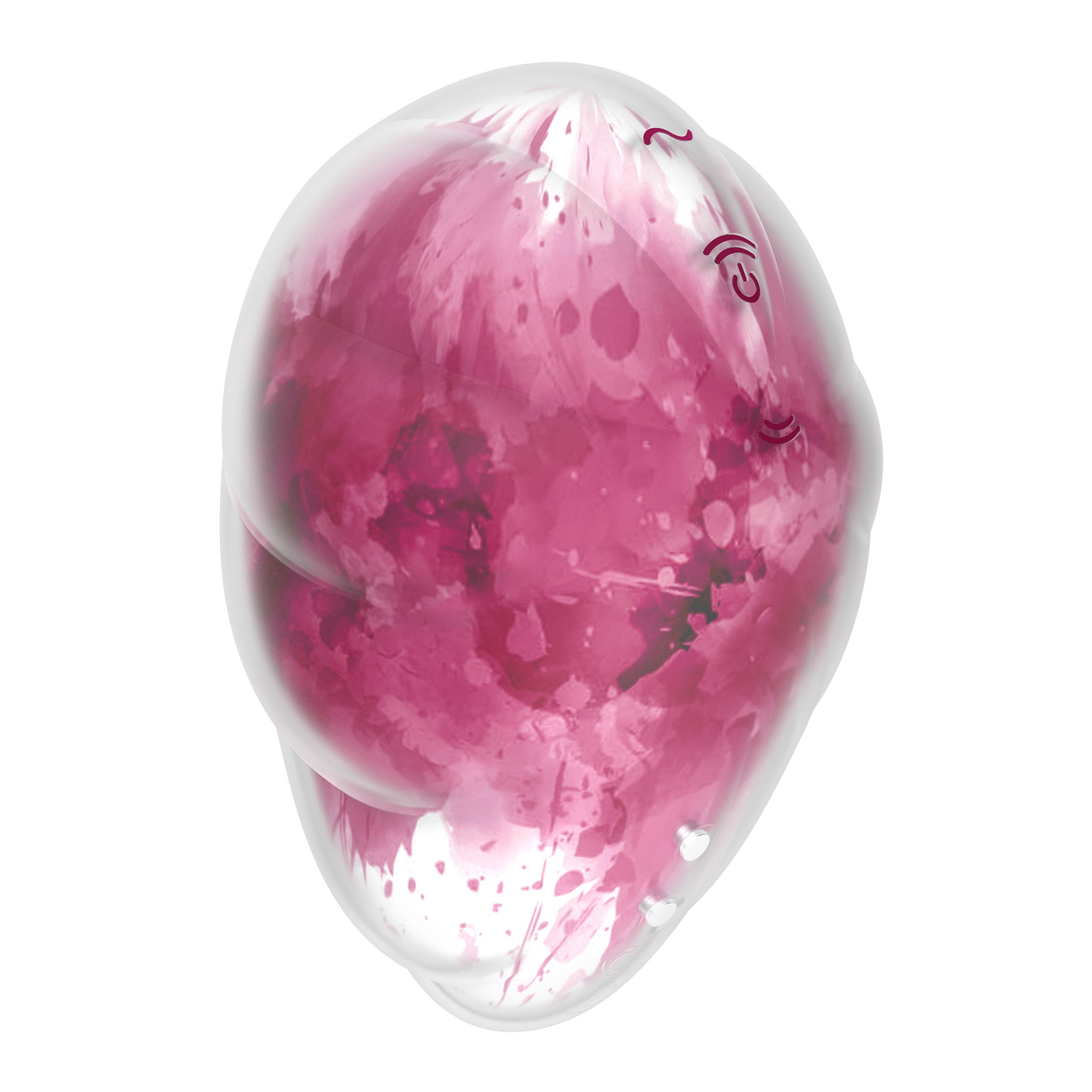 Przezroczyste, zaokrąglone urządzenie z różowymi wzorami przypominającymi akwarele, przyciskiem zasilania i portem ładowania.