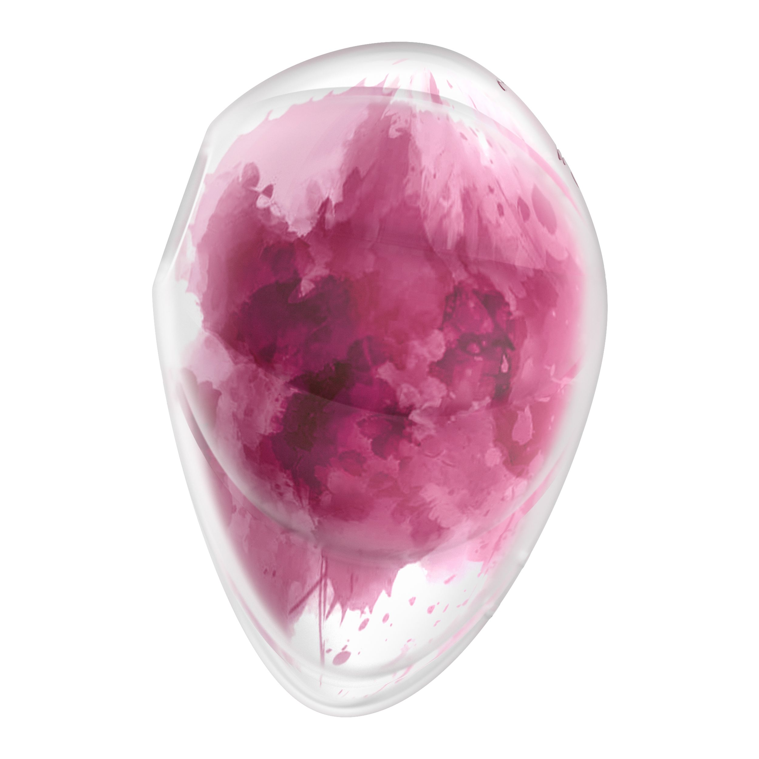 Przezroczysty pojemnik w kształcie owalu z różowymi rozpryskami farby w środku, na białym tle.