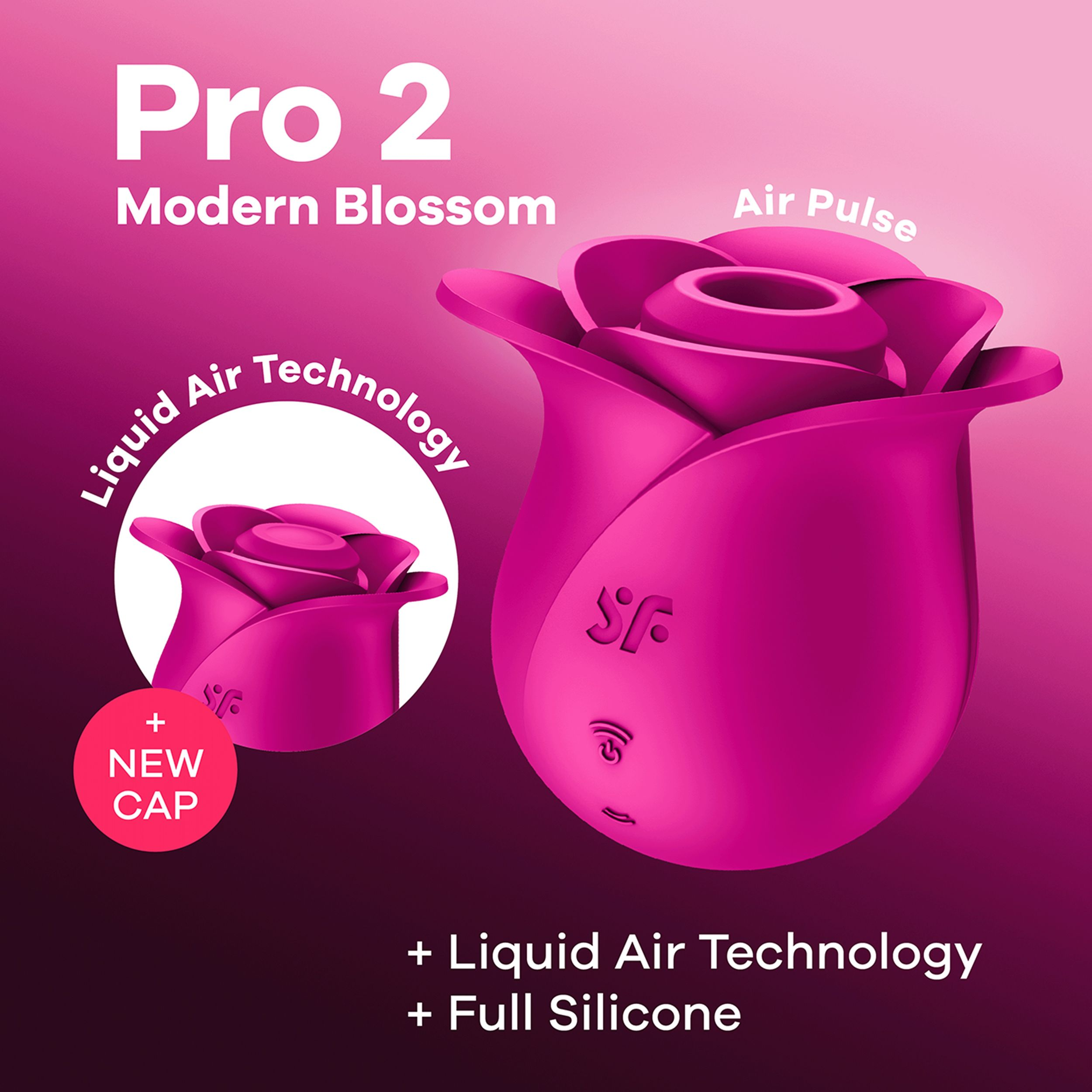 Vibrador en forma de rosa rosa con superposiciones de texto y una segunda rosa.