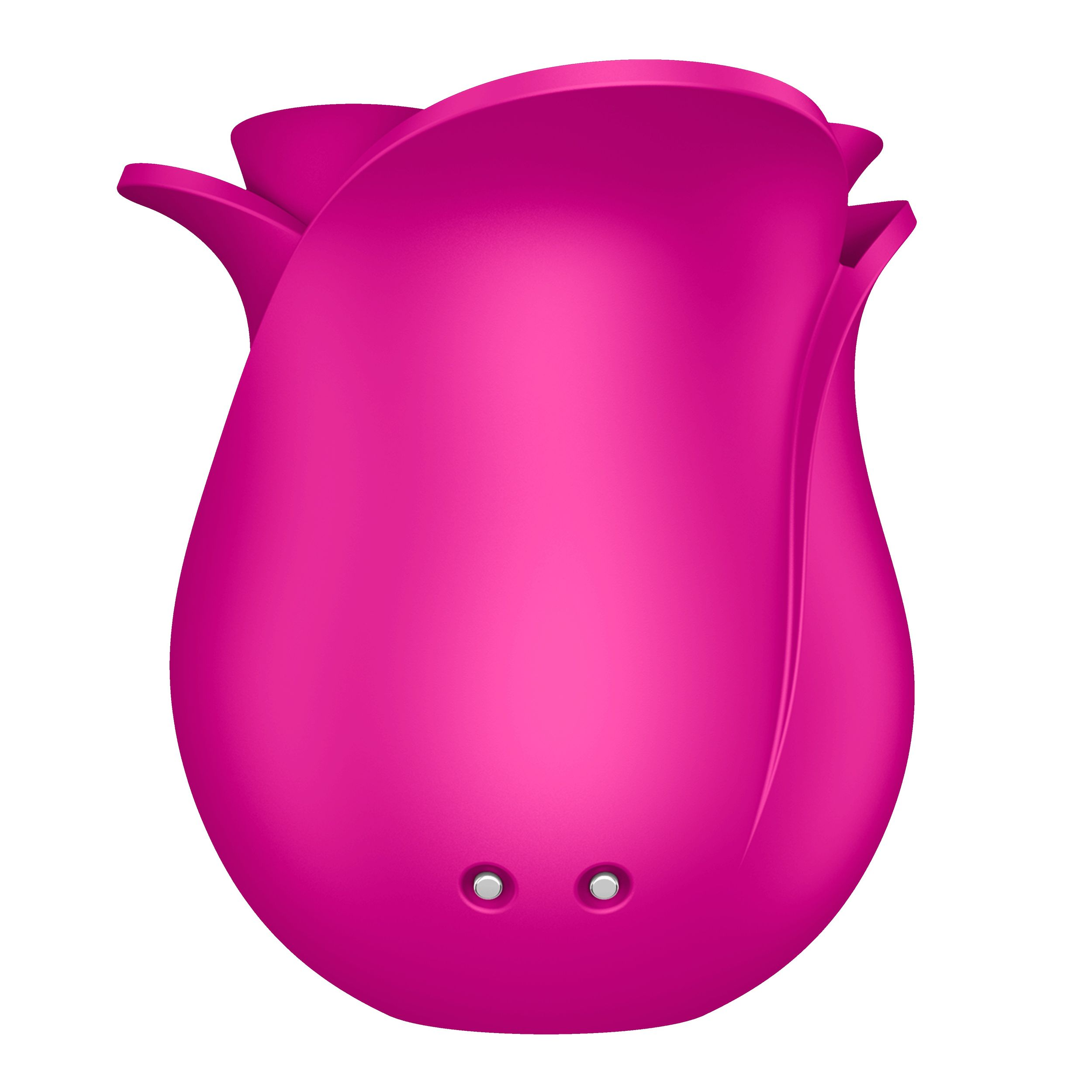 Un vibrador rosa en forma de rosa sobre un fondo blanco. Tiene dos pequeños botones grises.