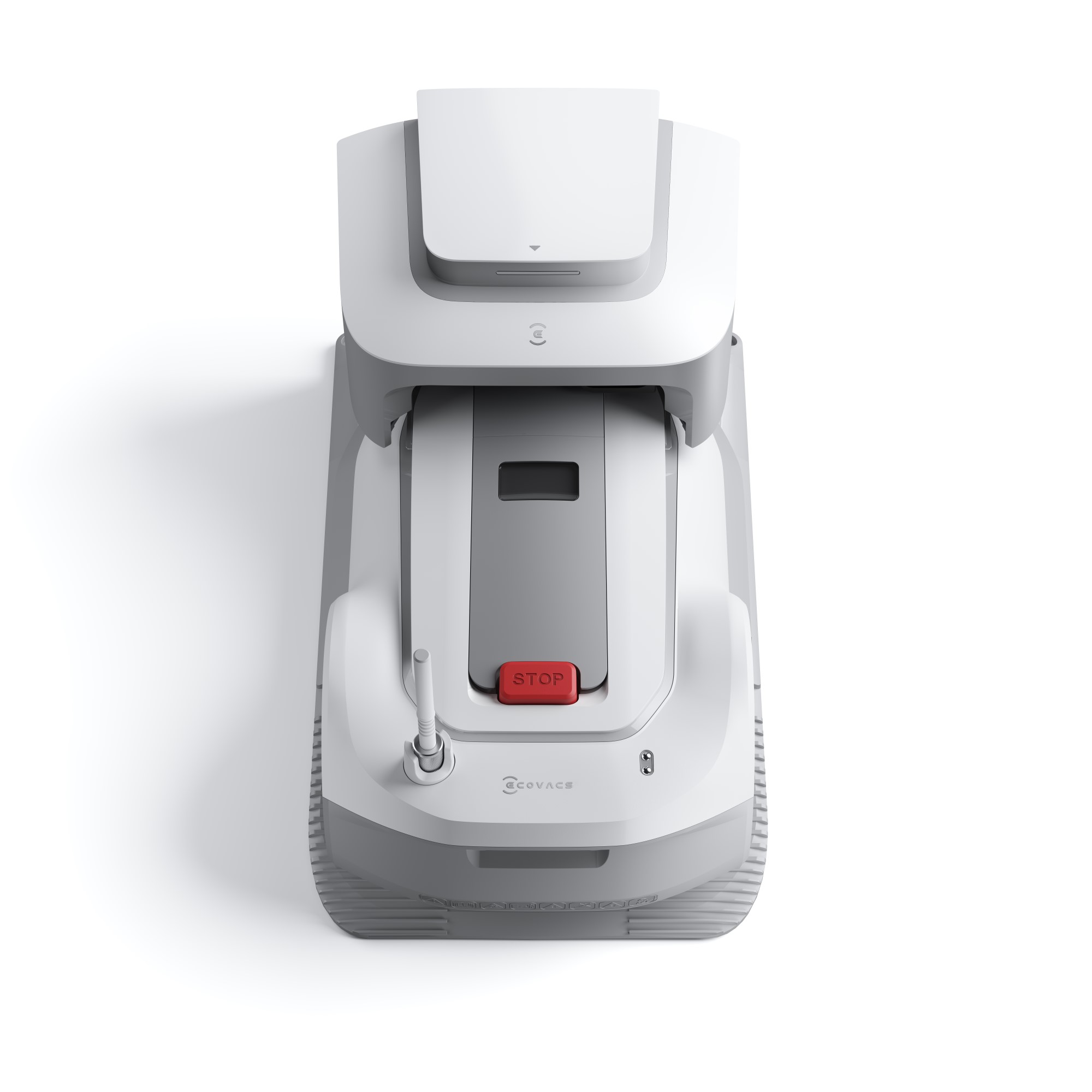 Draufsicht auf einen weißen und grauen Roboter-Staubsauger mit roter Stopptaste.