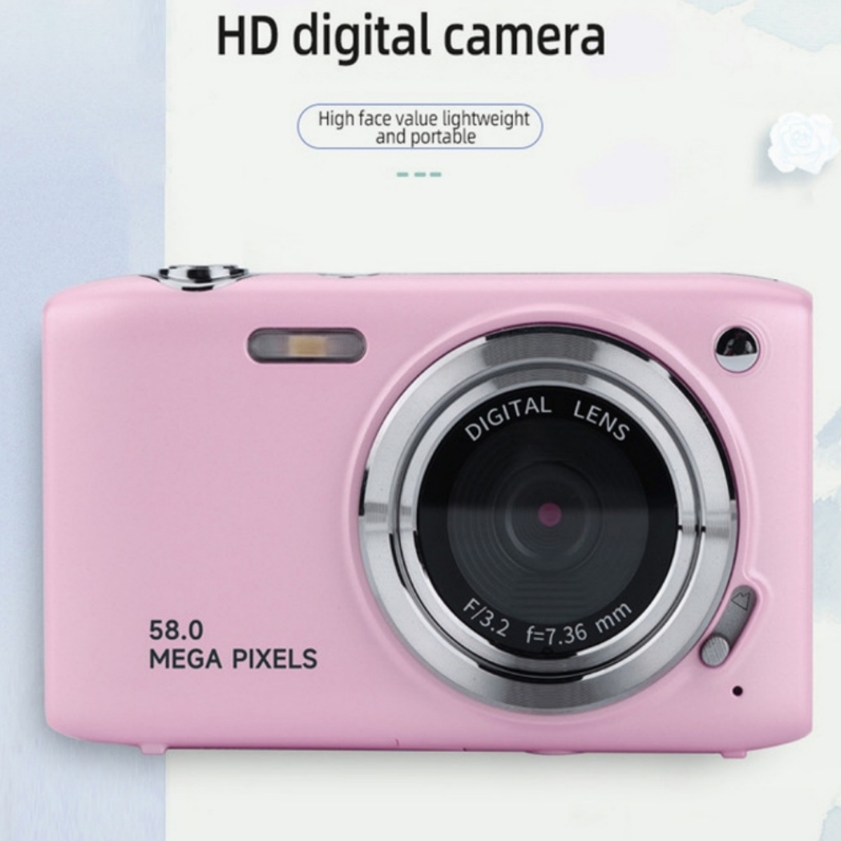 Rosa Digitalkamera mit Objektiv, Knöpfen und Text '58.0 MEGA PIXEL'.