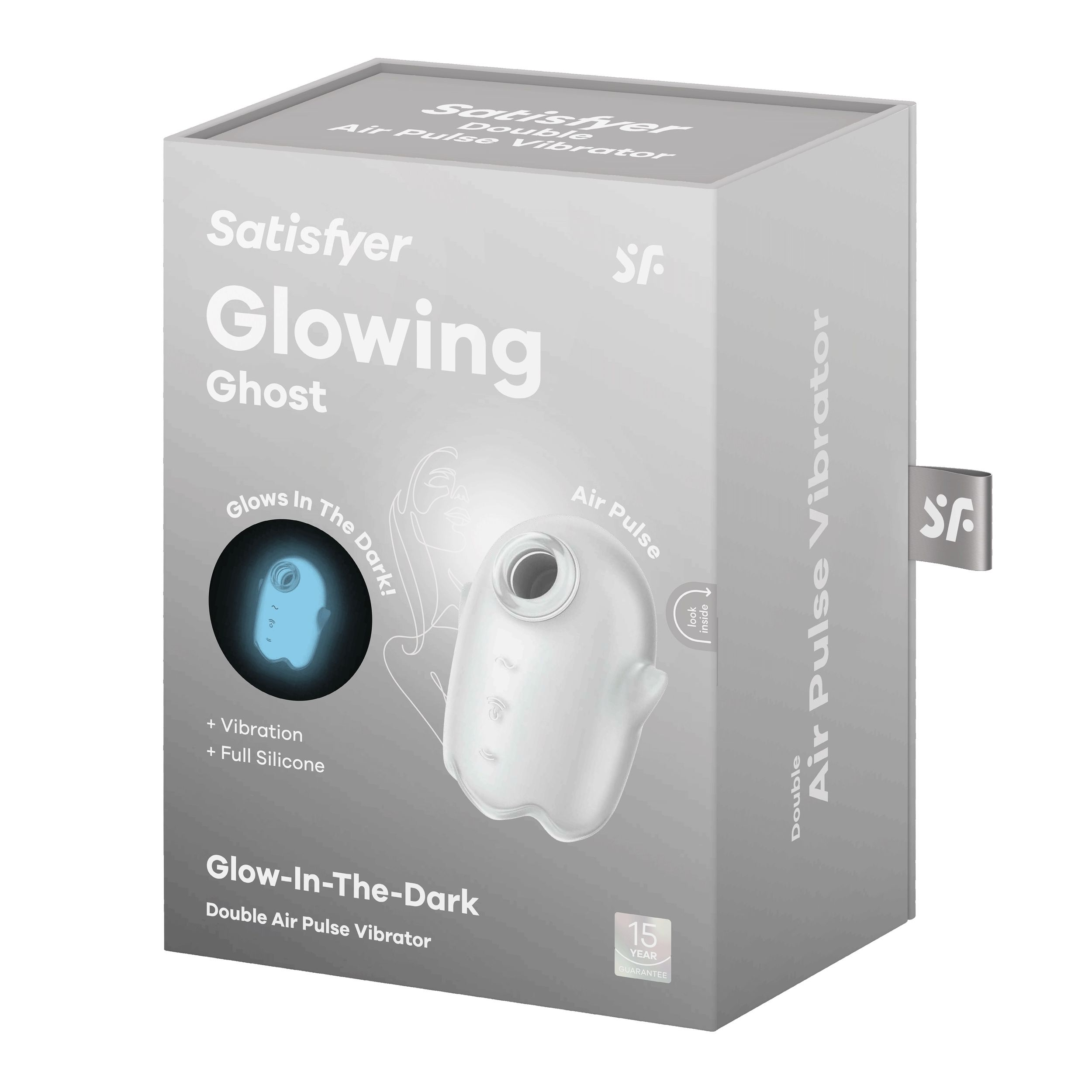 Ein weißer, leuchtender Vibrator in einer Box mit Text, der Glow-in-the-Dark-Eigenschaften und Vollsilikon hervorhebt.