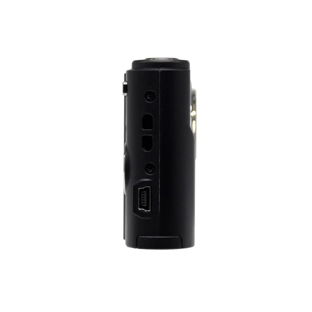 Seitenansicht einer schwarzen Kompaktkamera mit sichtbaren Knöpfen und USB-Anschluss.