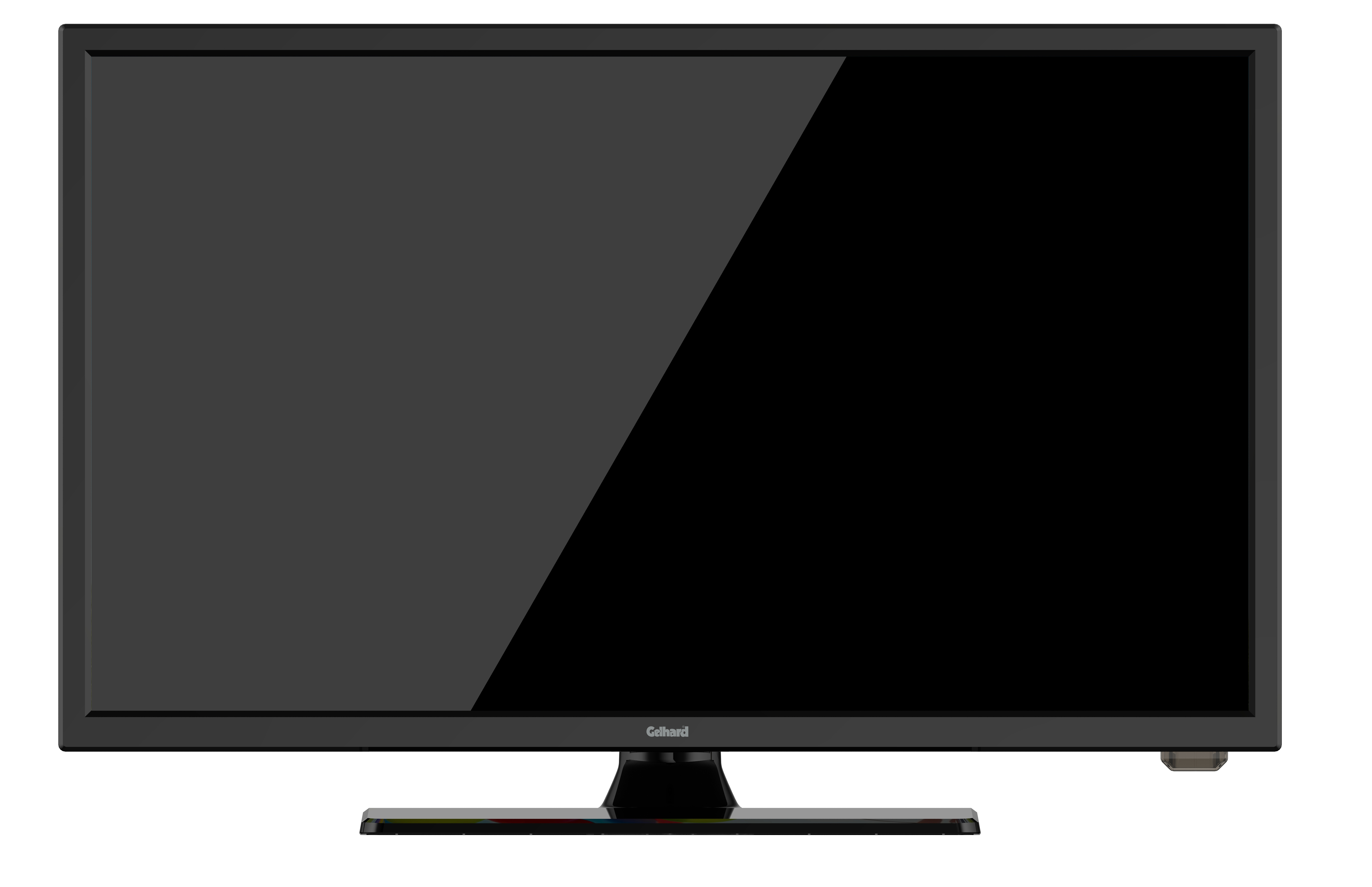 Schwarzer Flachbildfernseher mit Ständer vor weißem Hintergrund, Licht auf dem Bildschirm reflektiert.