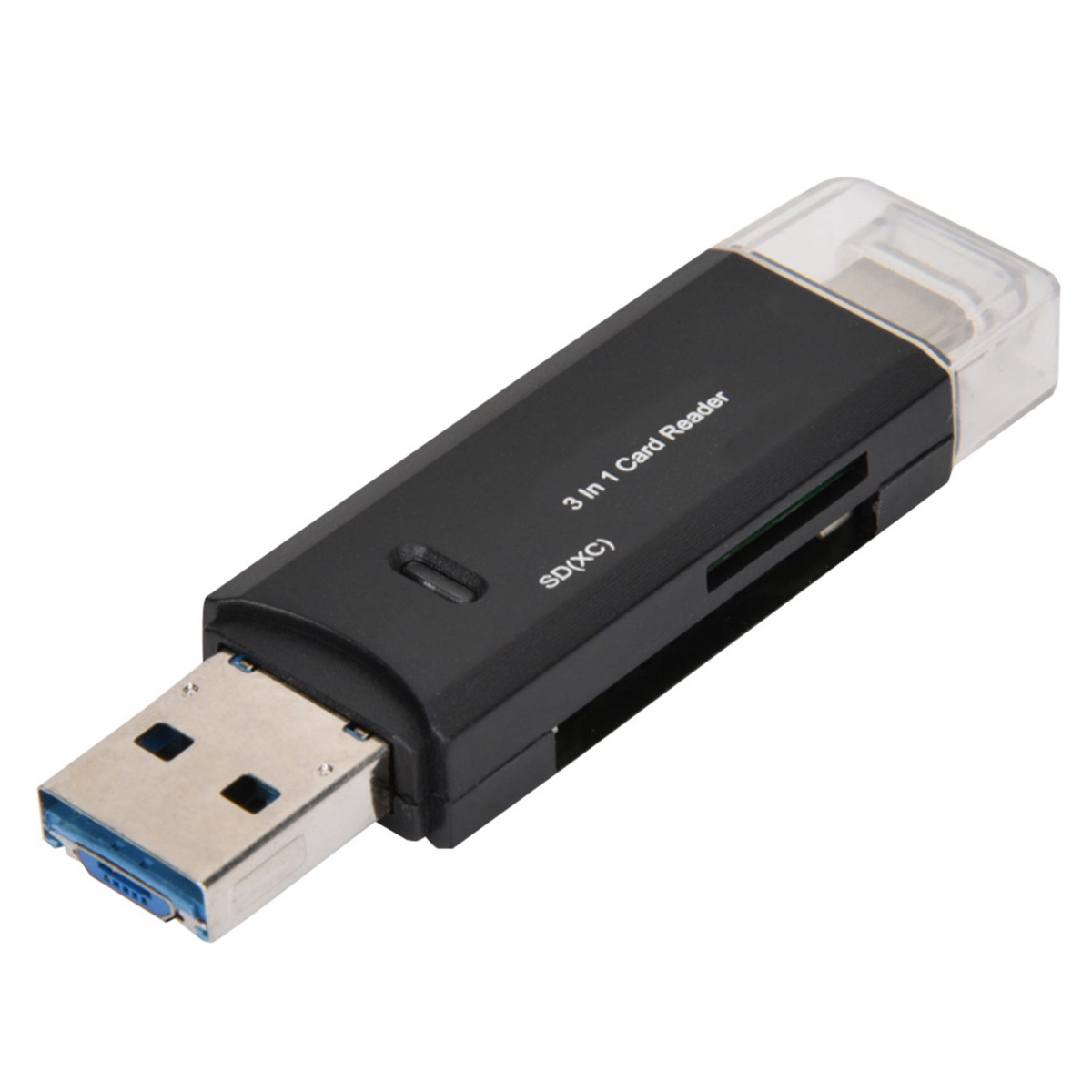 Schwarzer 3-in-1 USB-Kartenleser. Er hat einen SD(XC)-Steckplatz und ist schwarz mit einer transparenten Kunststoffabdeckung.