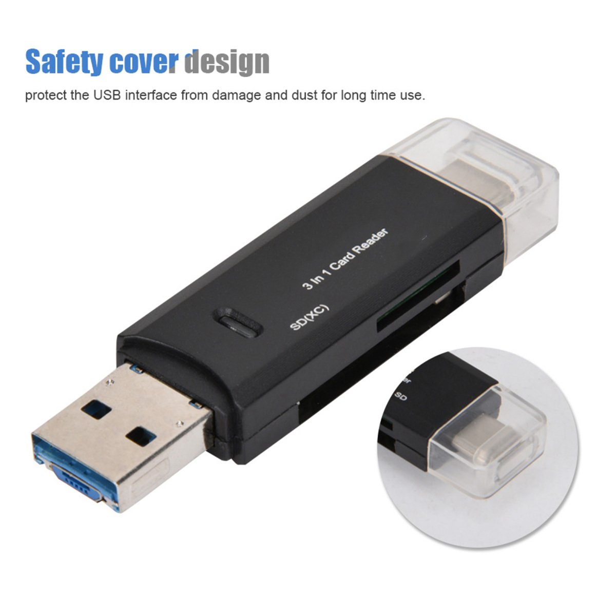 Schwarzer 3-in-1-Kartenleser mit USB-Anschluss und klarer Schutzhülle.
