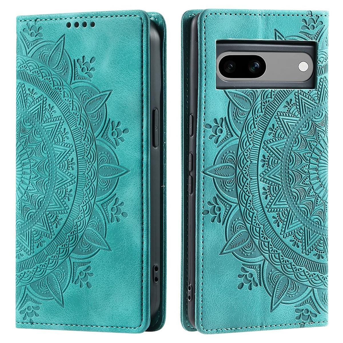 Zweiteilige türkisfarbene Handyhülle mit geprägtem Mandala-Design. Hintergrund: weiß.
