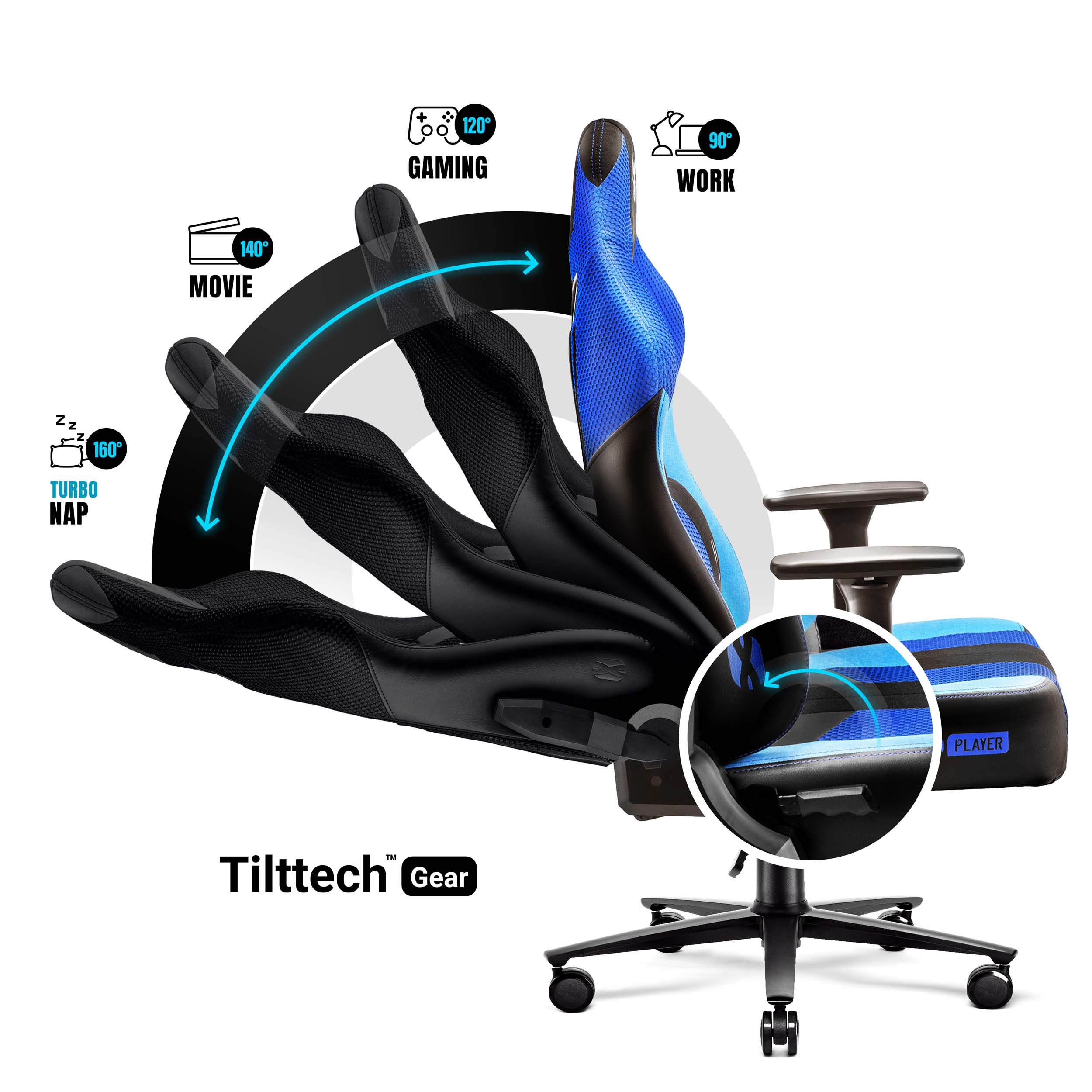 Krzesło do gier pokazujące różne pozycje odchylenia dla gier, pracy, filmów i drzemki.