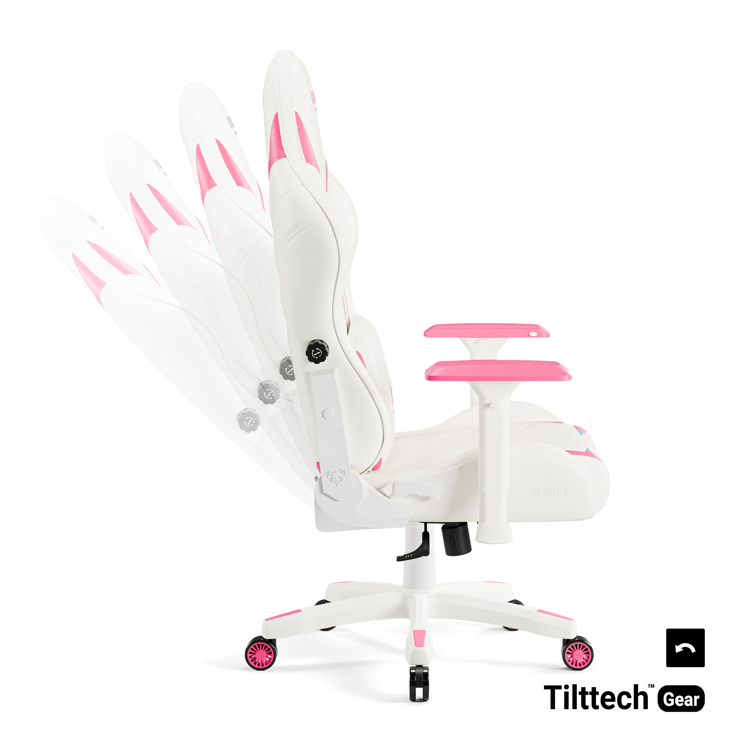Biało-różowe krzesło do gier, odchylone do tyłu w etapach, z różowymi podłokietnikami i kółkami.