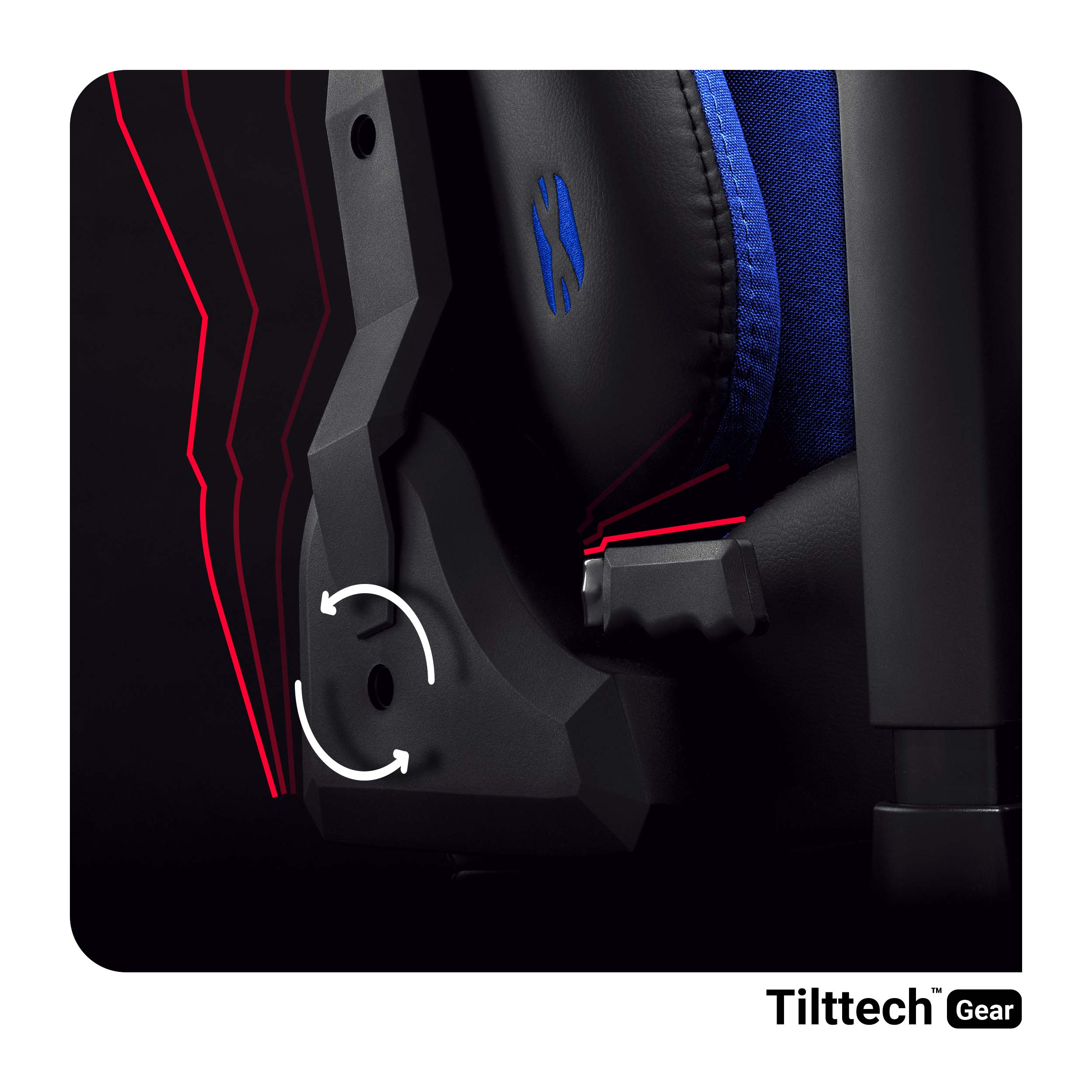 Szczegóły czarno-niebieskiego fotela gamingowego: mechanizm regulacji z białymi strzałkami, czerwone linie na czarnym tle.