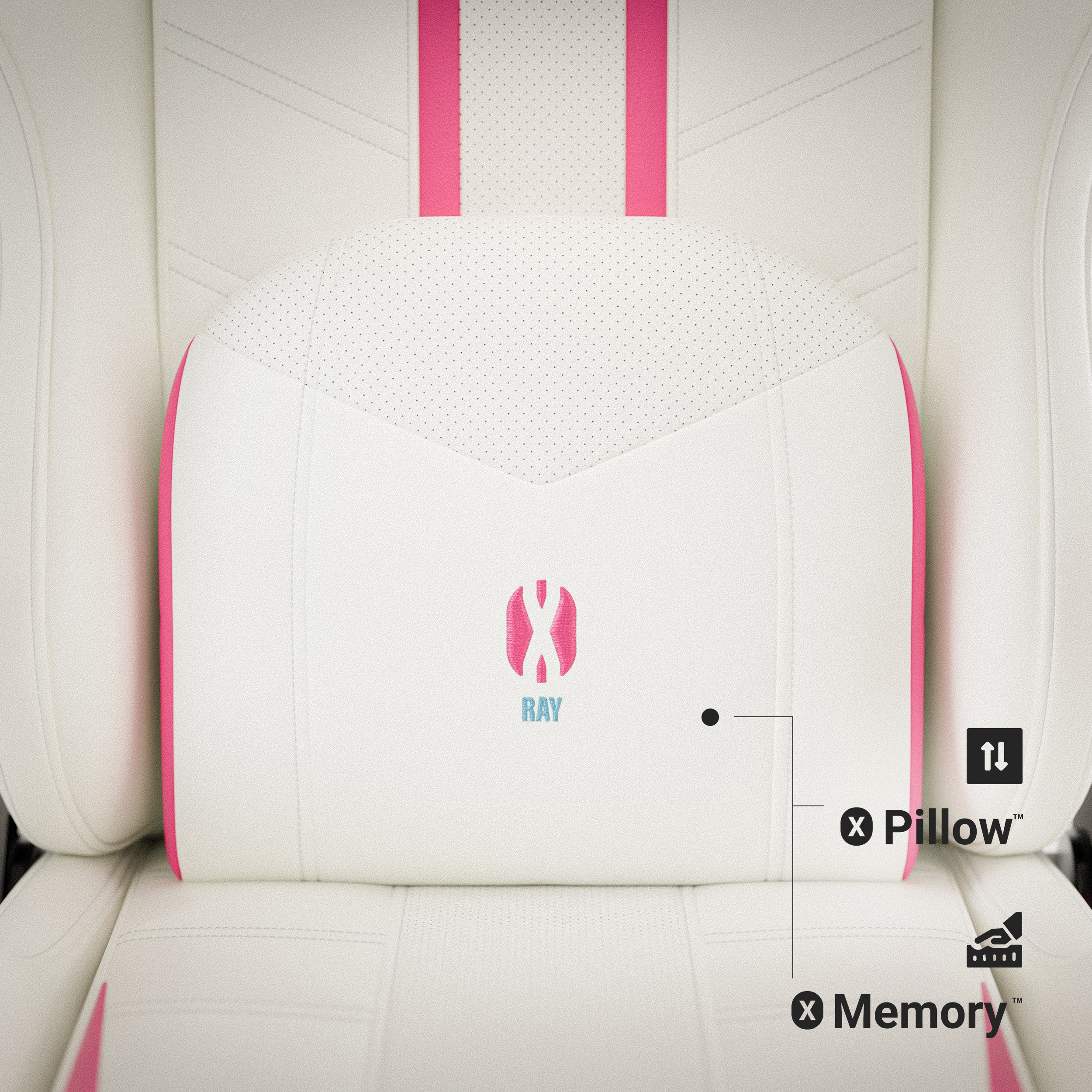 Białe i różowe oparcie fotela gamingowego z logo i tekstem, na białym krześle.