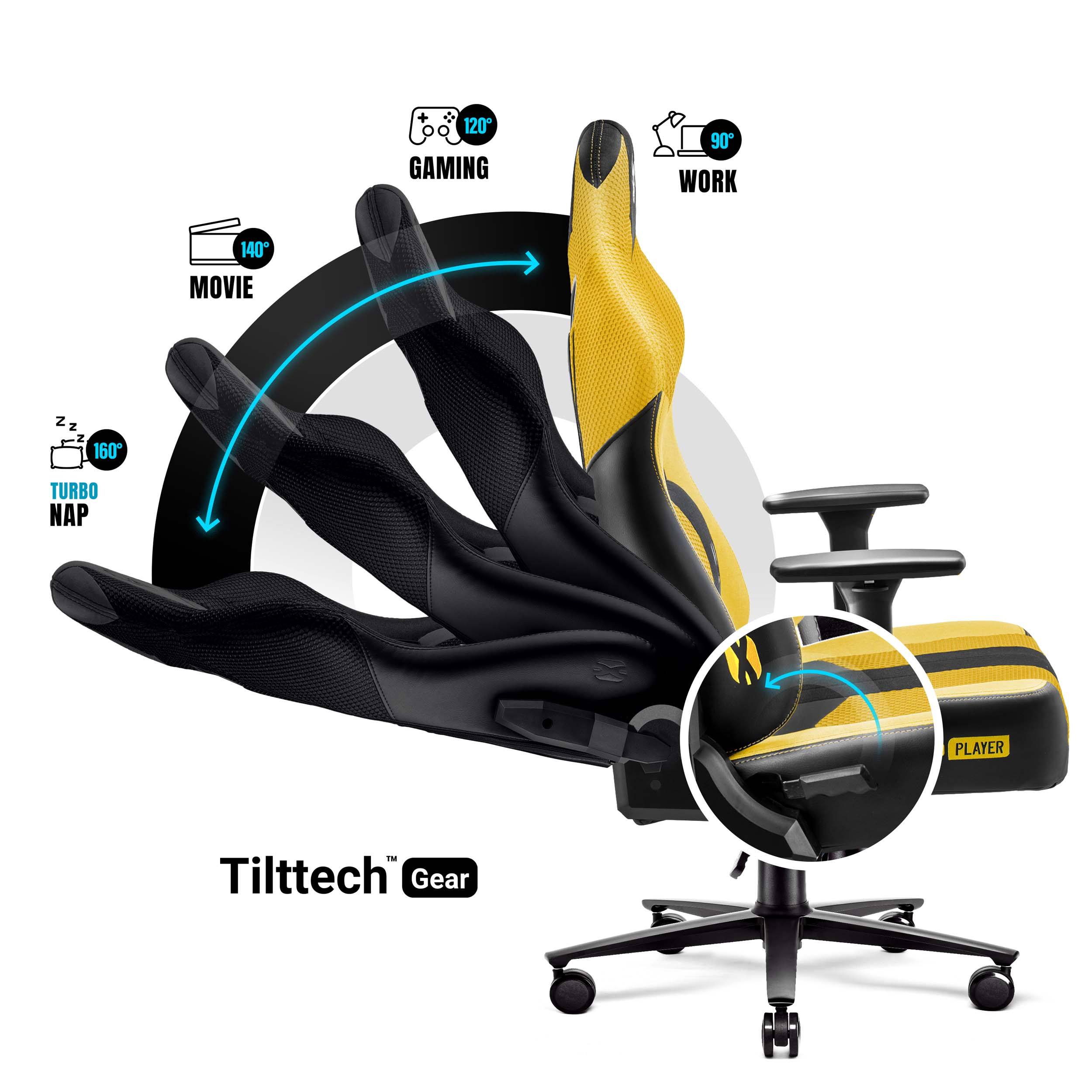 Fotel gamingowy w wielu pozycjach, pokazujący funkcje pochylania i logo 'Tilttech Gear'.