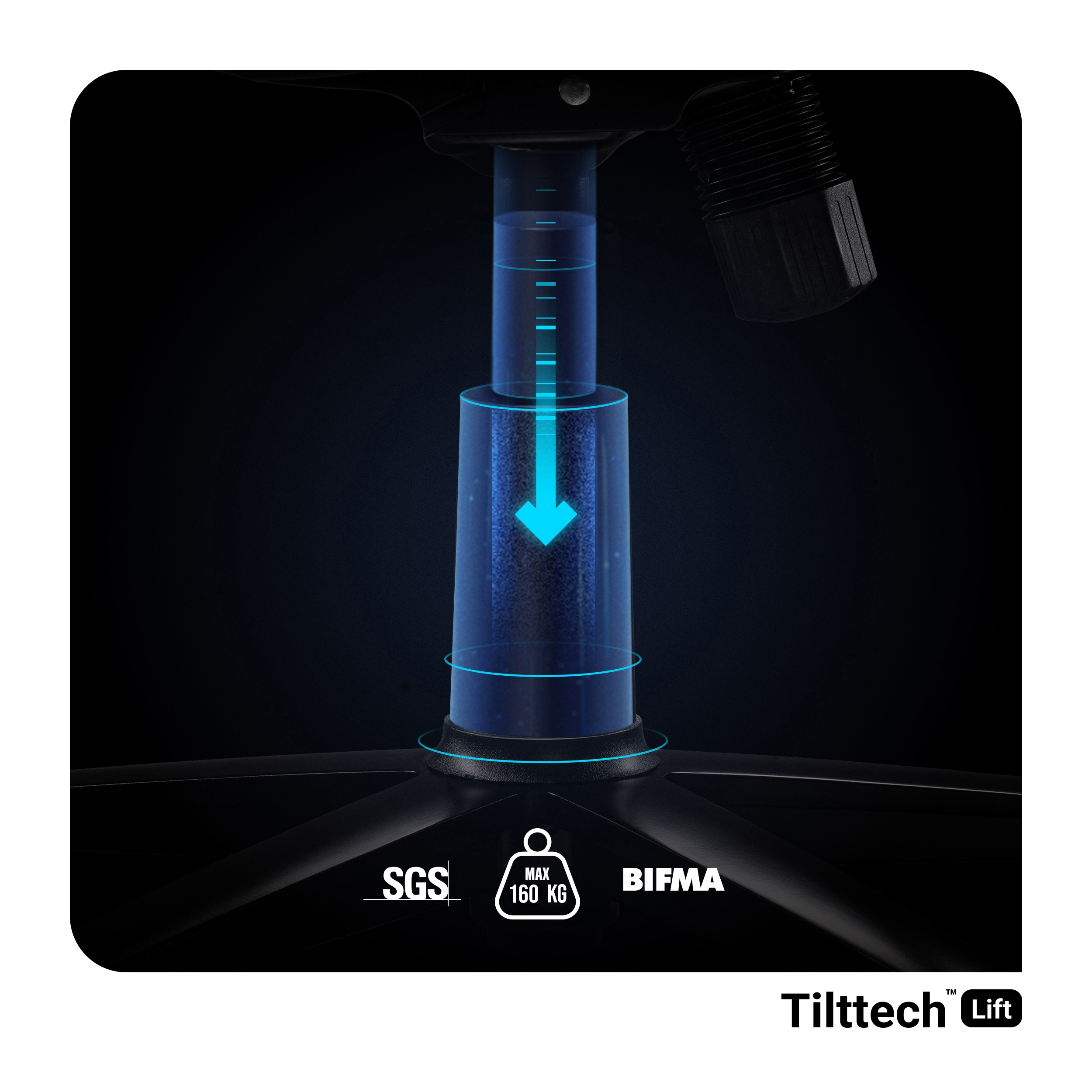 Zbliżenie mechanizmu podnoszenia czarnego krzesła biurowego, z niebieską strzałką wskazującą kierunek.