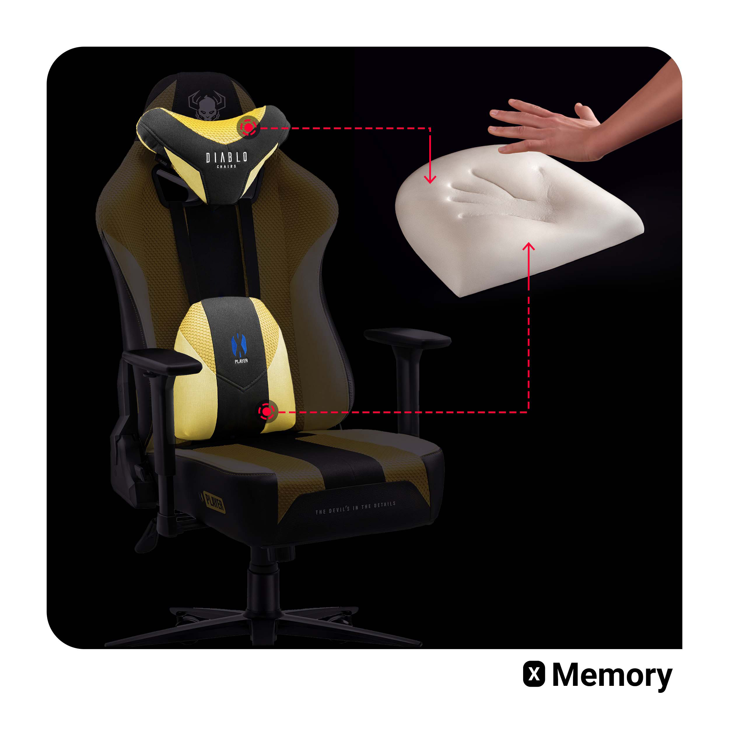 Krzesło gamingowe z podparciami głowy i lędźwi, szczegół z pianki memory, czarne tło.