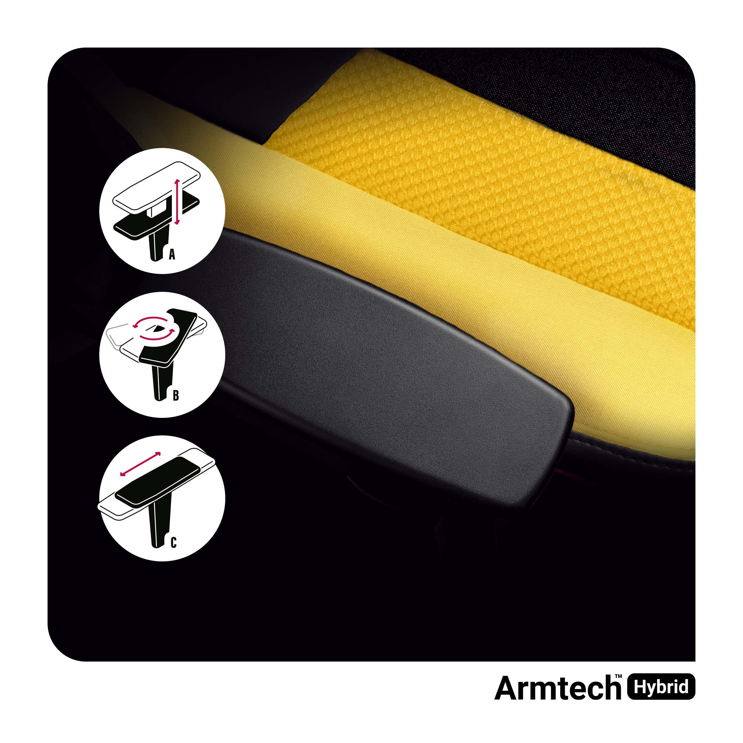 Podłokietnik z czarnym blatem. Żółta tkanina widoczna z boku. Schematy pokazują ruch.