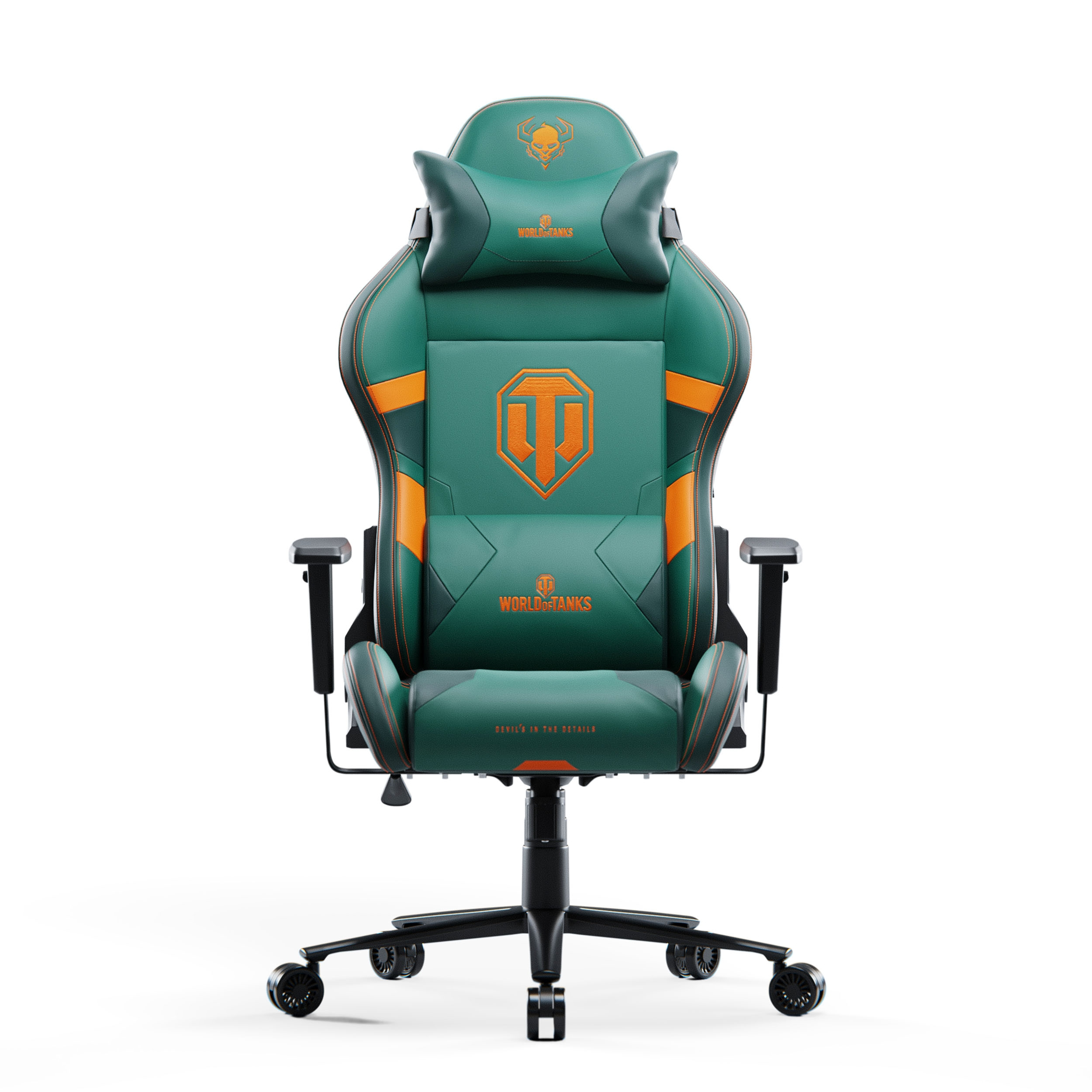 Grün-oranger Gaming-Stuhl mit 'World of Tanks'-Logo und schwarzem Sockel.