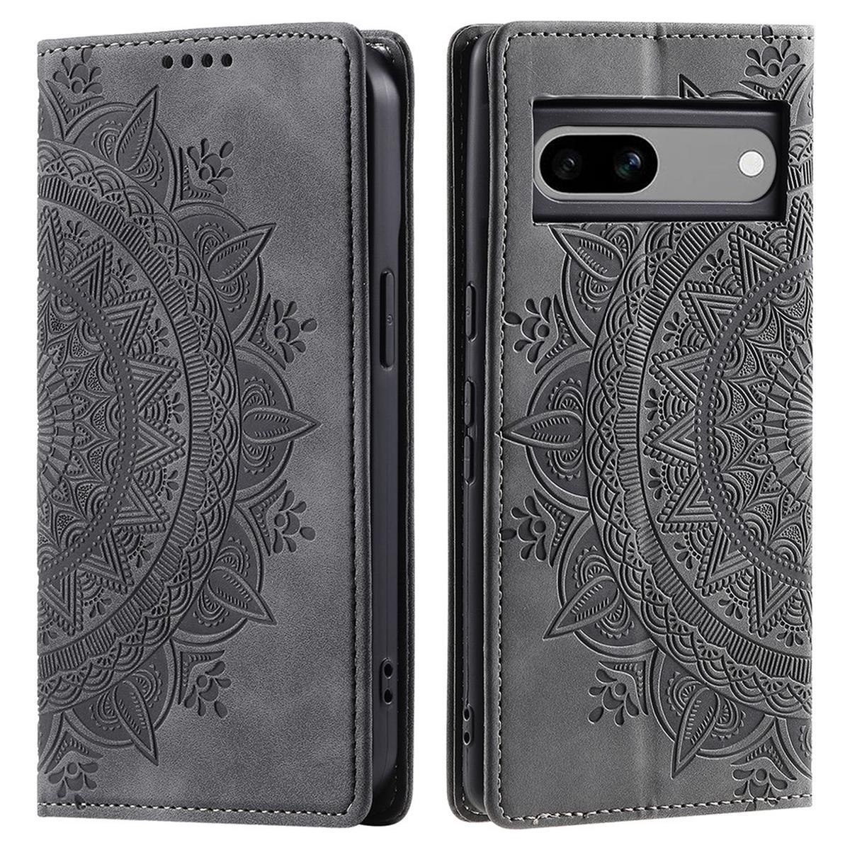 Zweiteilige graue Handyhülle mit geprägtem Mandala-Design. Hintergrund: weiß.