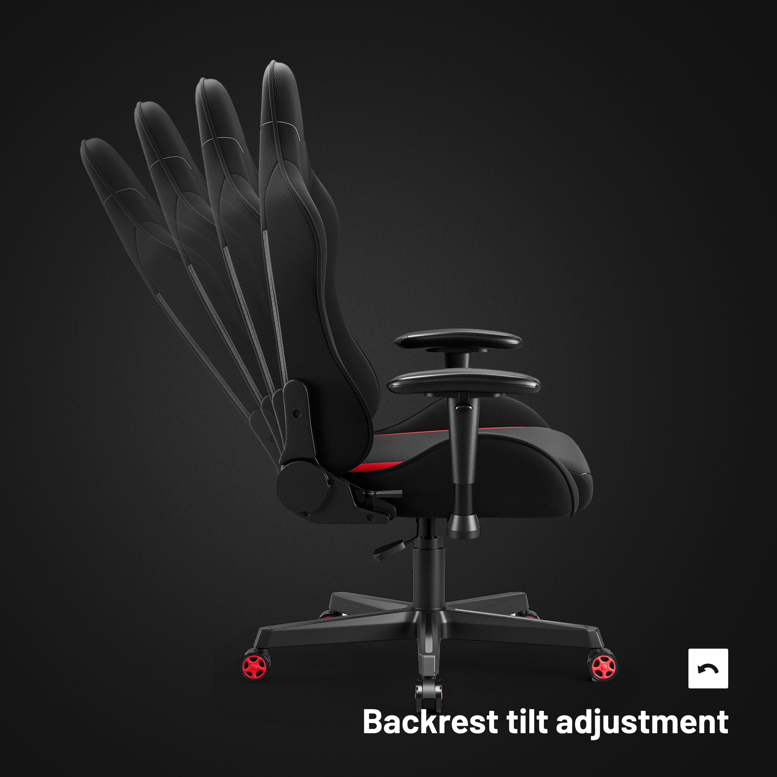 Czarny fotel gamingowy z regulacją pochylenia oparcia. Oparcie jest czarne i czerwone.