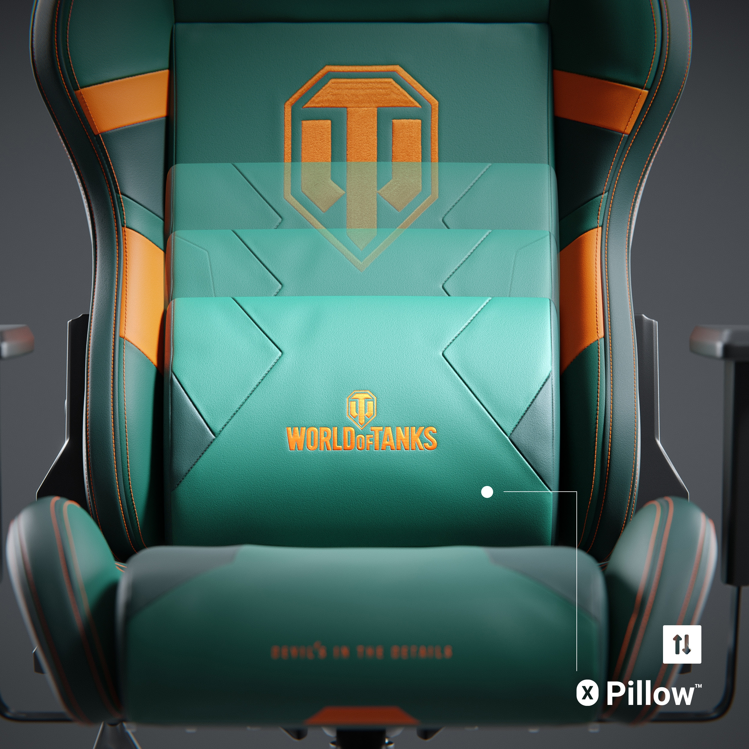 Grüner Gaming-Stuhl mit orangefarbenen Akzenten. Der Stuhl hat das World of Tanks-Logo und ein Kissen.