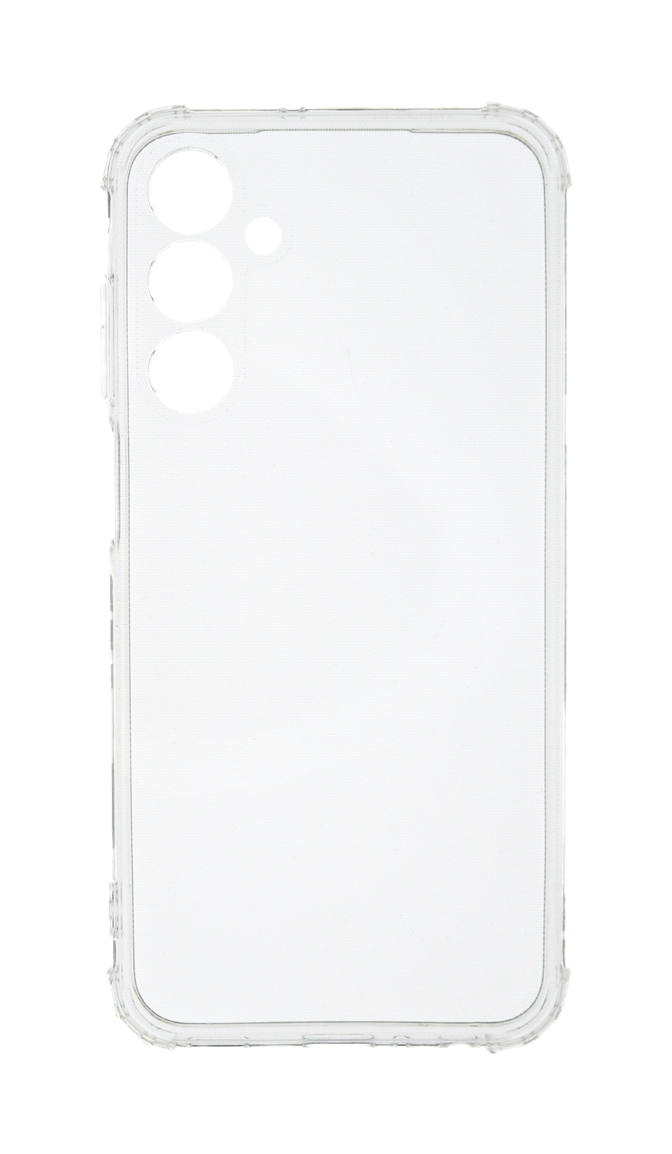 Transparente Handyhülle mit Kameraausschnitten, transparent und schützend, weißer Hintergrund.