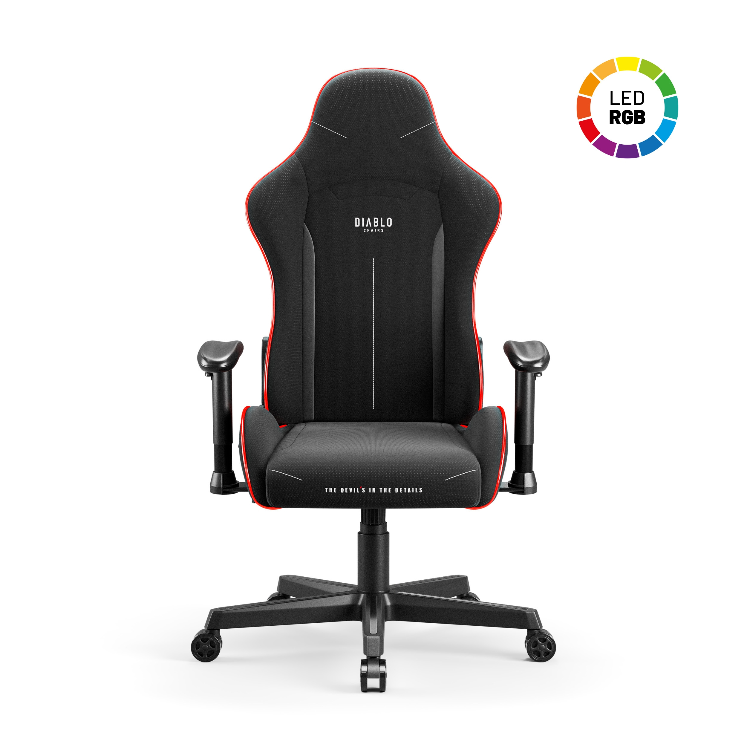 Schwarzer Gaming-Stuhl mit roten Akzenten und 'Diablo'-Logo, vor weißem Hintergrund.
