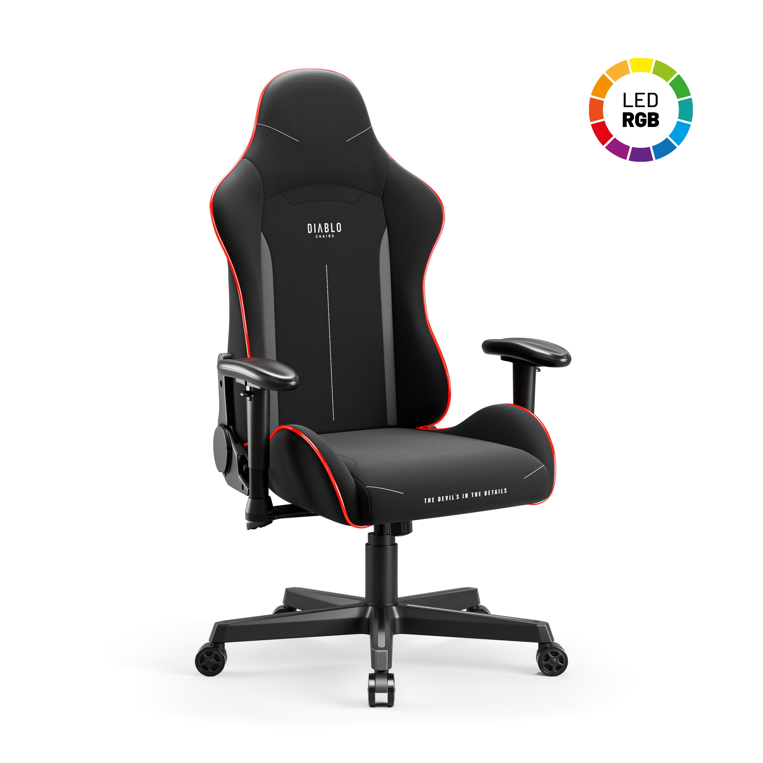 Ein schwarzer Diablo-Gaming-Stuhl mit roten Zierleisten und schwarzem Gestell. Der Stuhl hat eine Kopfstütze.