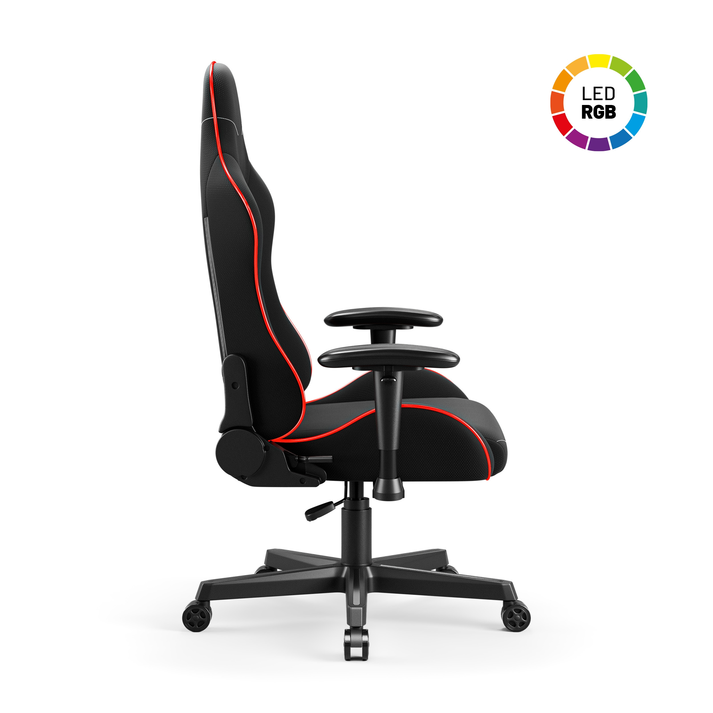 Ein schwarzer und roter Gaming-Stuhl auf weißem Hintergrund, mit einem RGB-Farbrad.