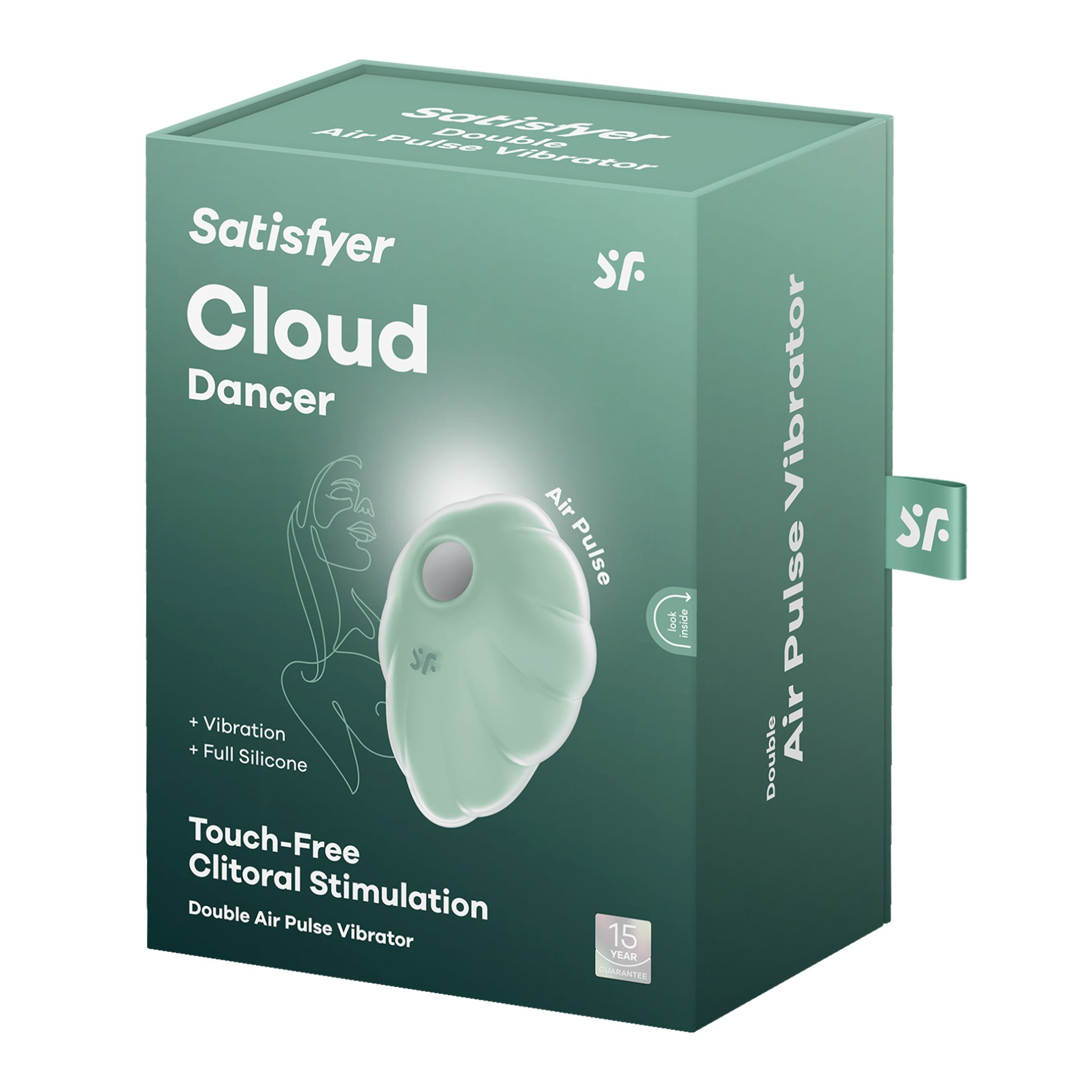 Zielone pudełko wibratora powietrznego Satisfyer Cloud Dancer.