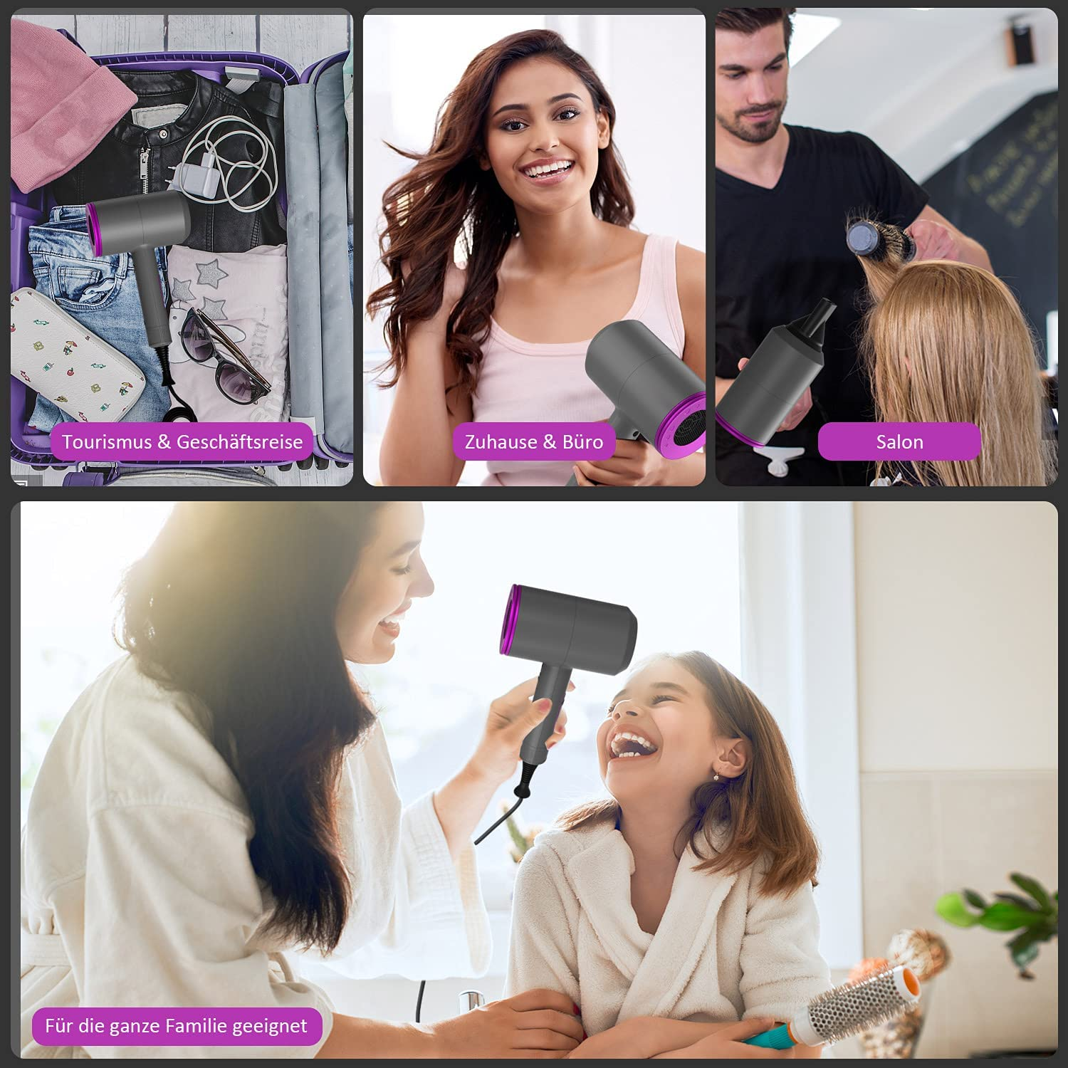 Eine Collage von Bildern, die die Verwendung eines Haartrockners in verschiedenen Szenarien zeigen.
