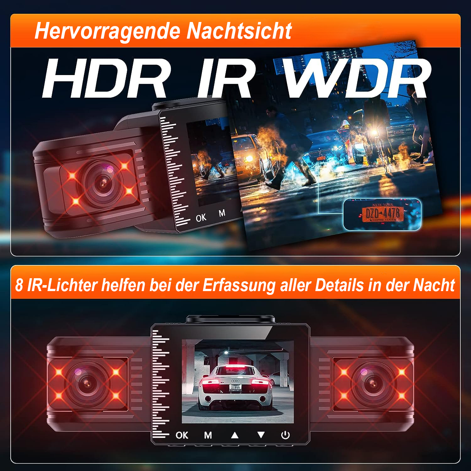 Auto-Dashcams. Text: Hervorragende Nachtsicht, HDR IR WDR und 8 IR-Lichter.