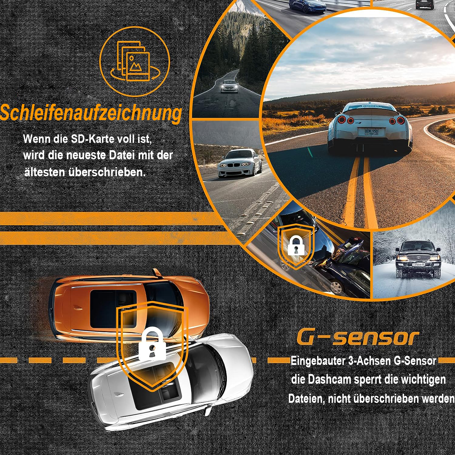Eine Collage von Autos auf Straßen mit Text über Loop-Aufnahme und G-Sensor-Funktionen, mit einem Vorhängeschloss-Symbol.
