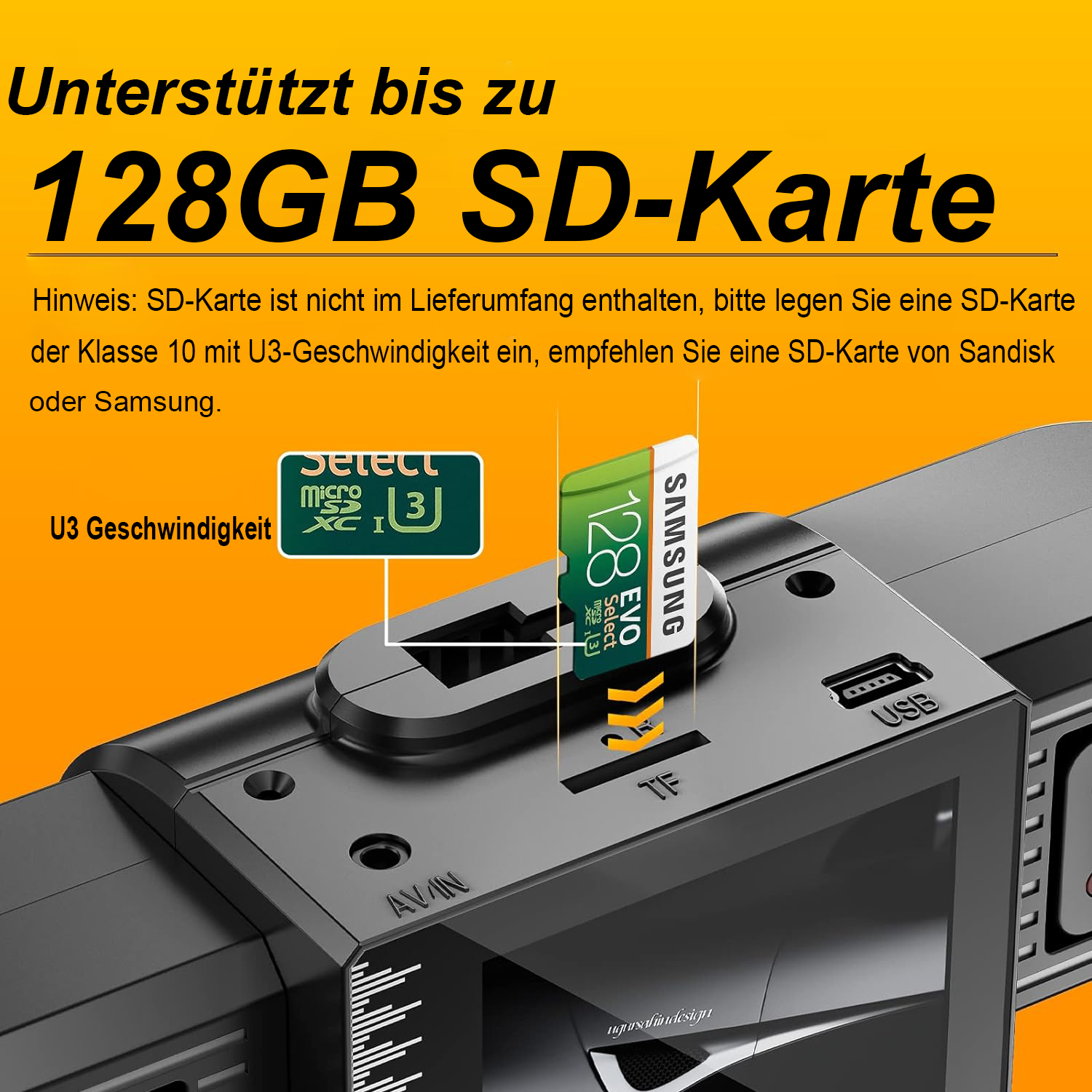 Schwarzes Gerät mit Bildschirm, eingelegter Micro-SD-Karte und Text: 128GB SD-Karte.