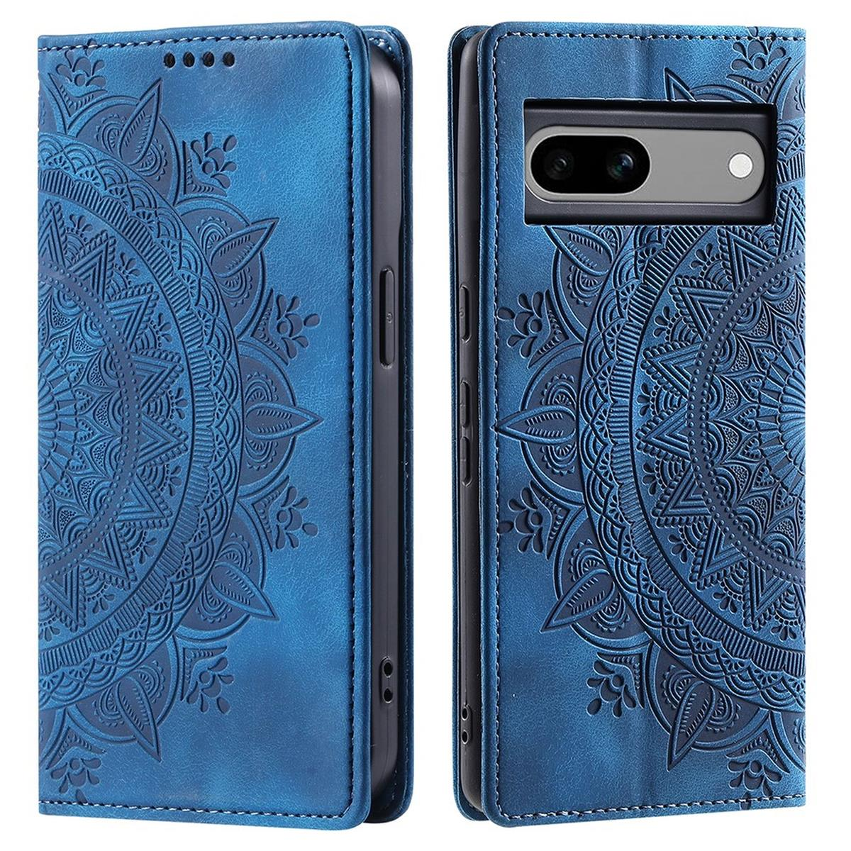 Zwei blaue Handyhüllen mit Mandala-Design, eine offen, eine geschlossen.