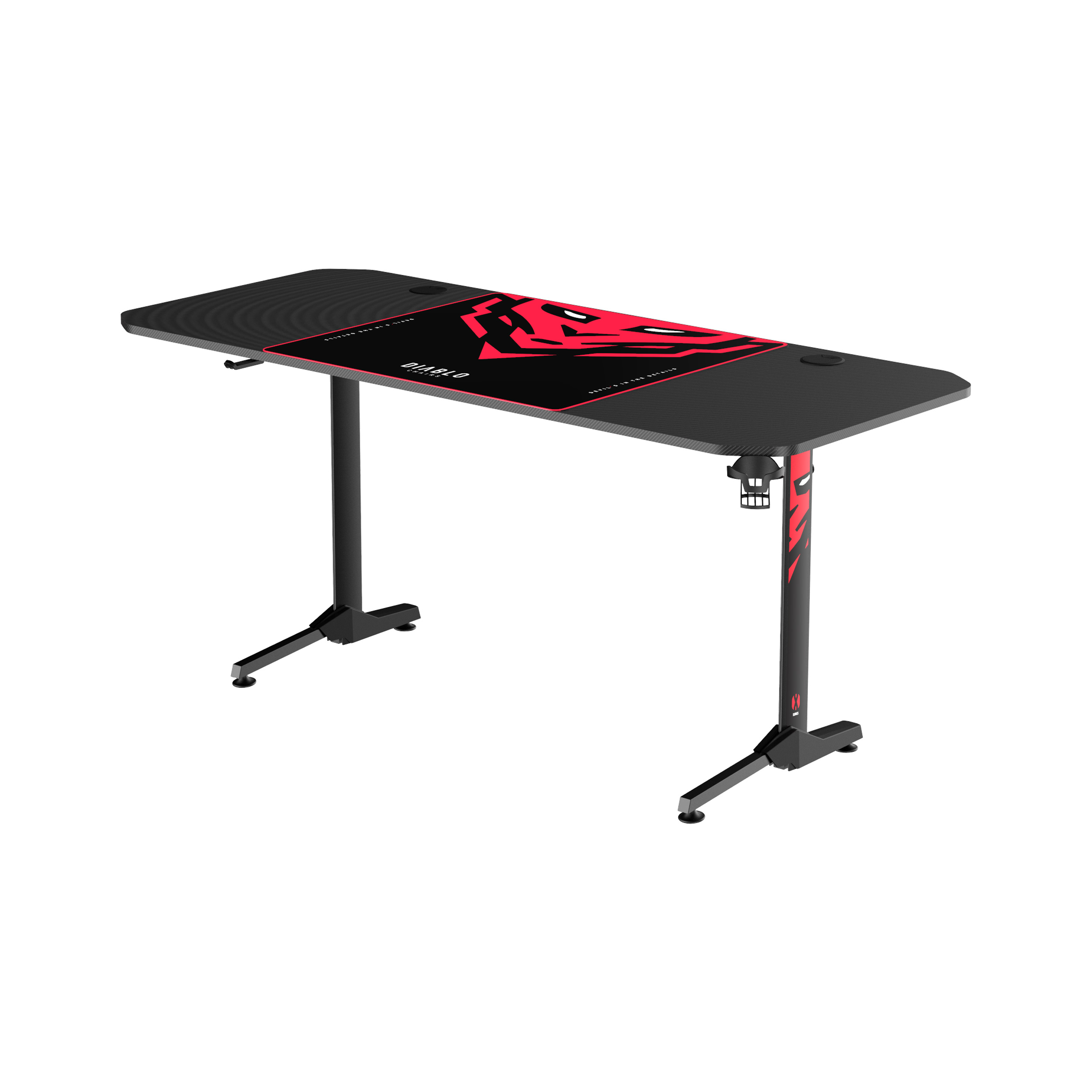 Gaming-Schreibtisch mit rotem und schwarzem Design, schwarzen Beinen, weißer Hintergrund.