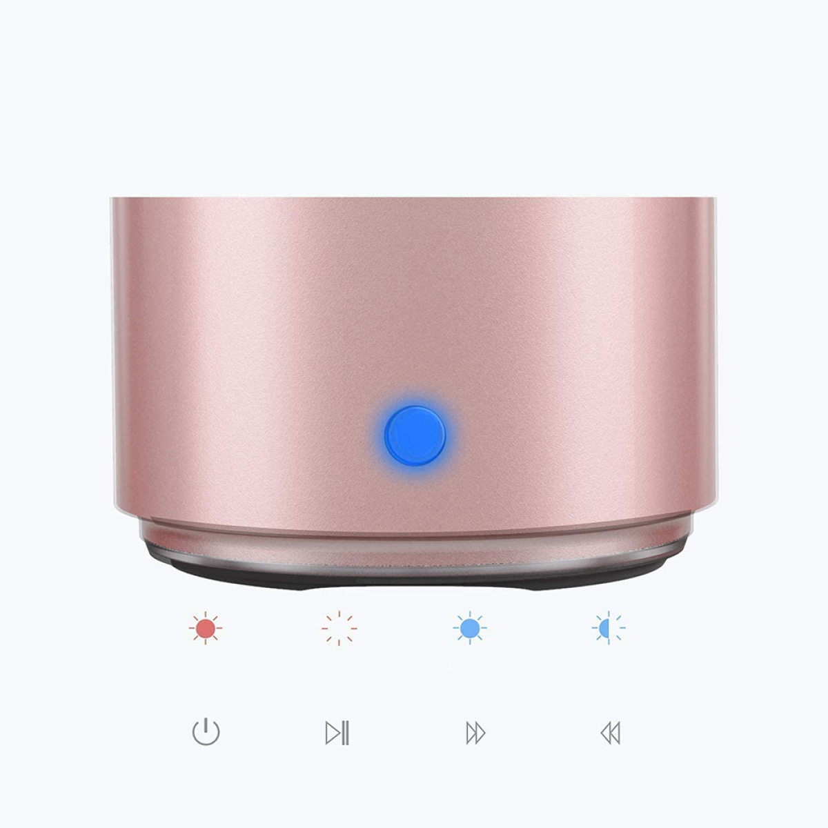 Roségoldfarbener Lautsprecher mit blauem Knopf und mehreren Touch-Steuerungssymbolen unten.