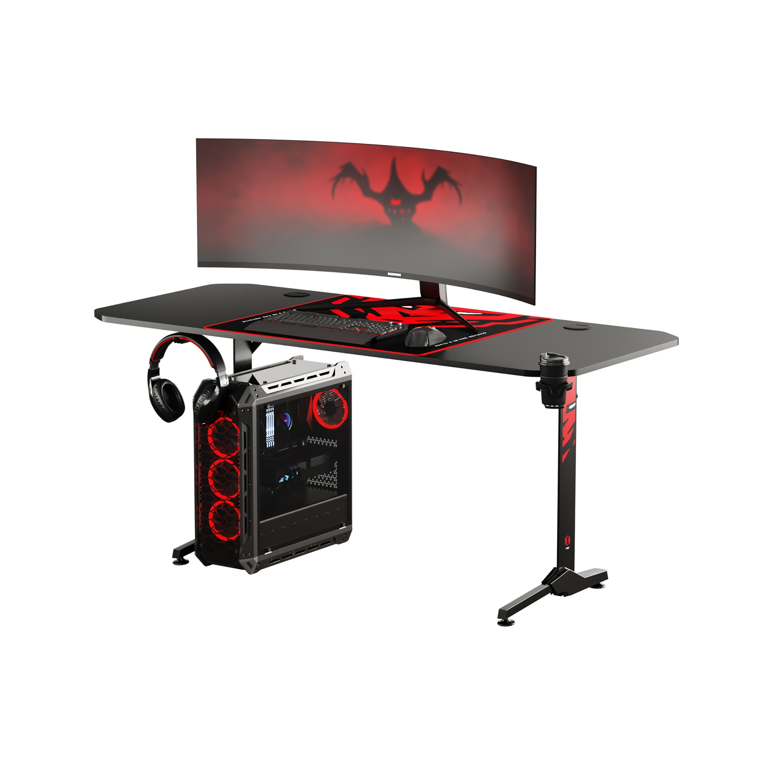 Gaming-Schreibtisch mit gebogenem Monitor, PC und Zubehör auf weißem Hintergrund.