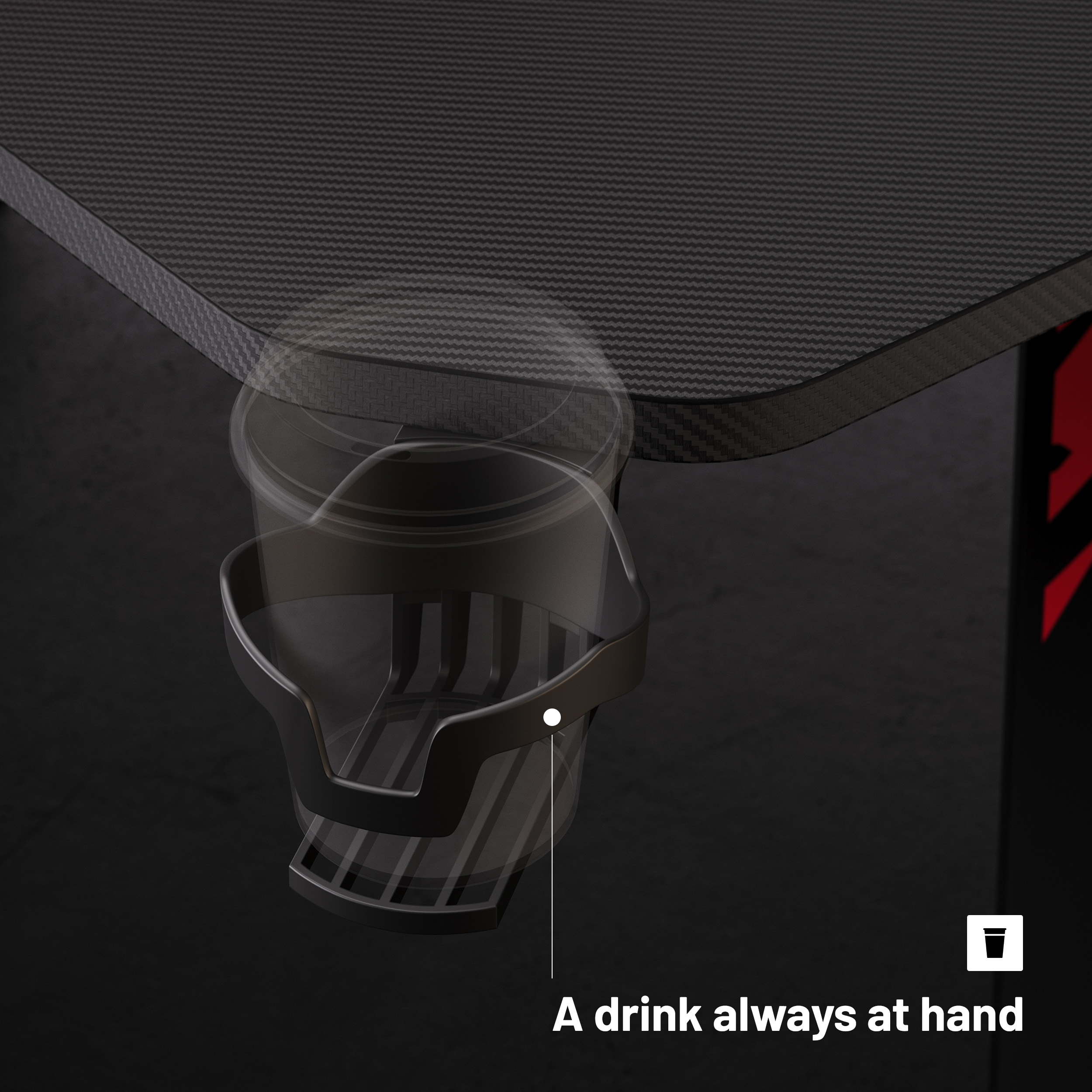 Schwarzer Schreibtisch mit Getränkehalter und transparentem Becher. Text: Ein Getränk immer zur Hand.