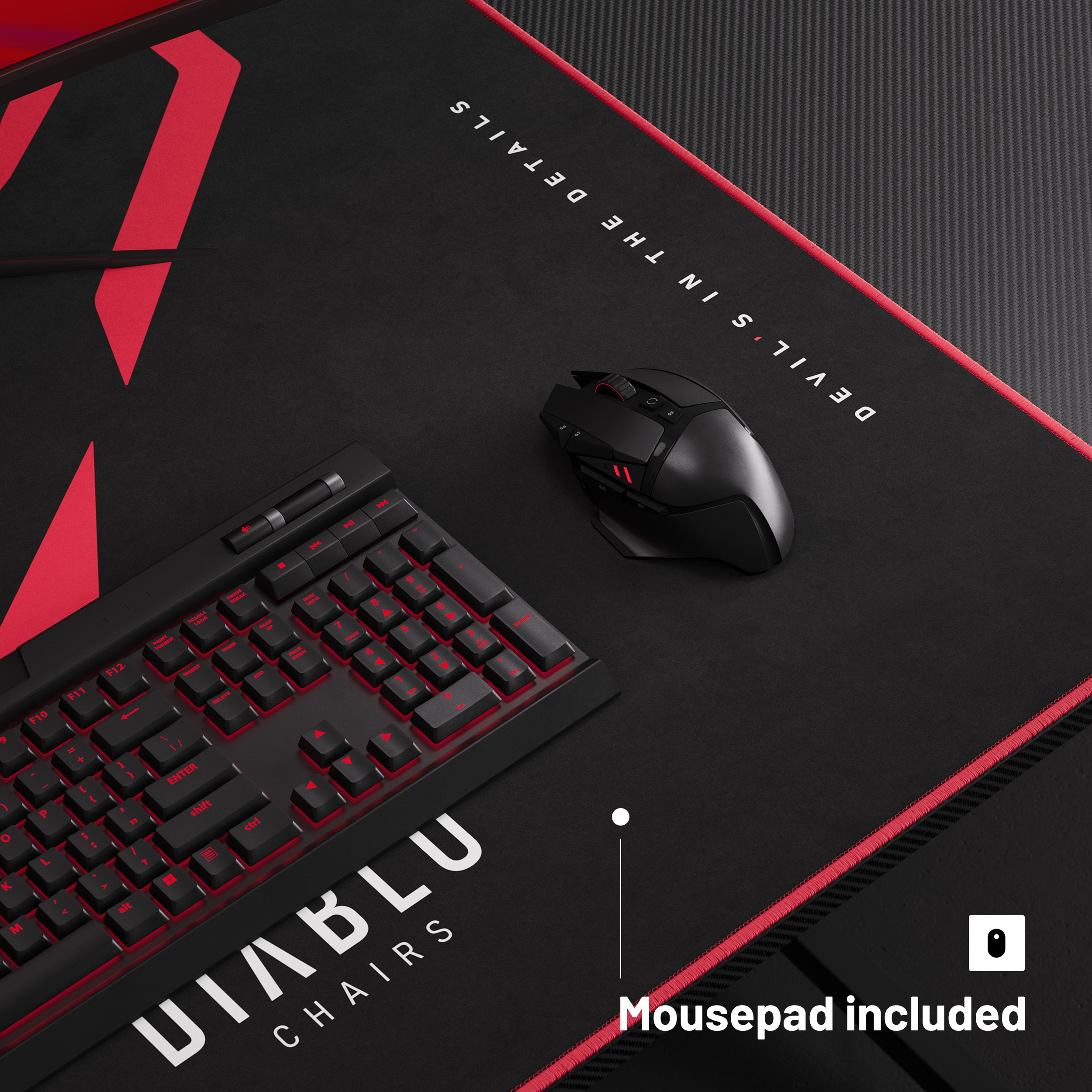 Gaming-Setup: Tastatur, Maus und Mauspad mit dem Text 'DEVILS IN THE DETAILS'.