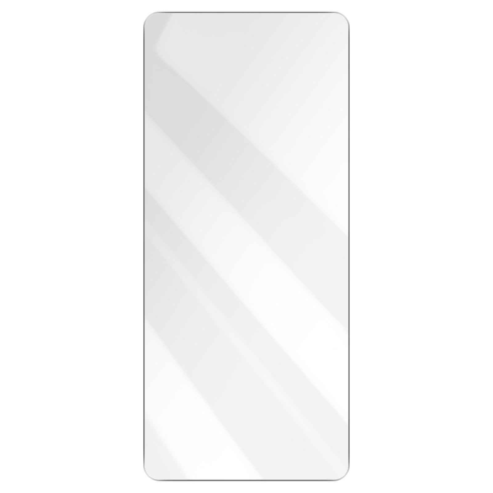 Un proteggi schermo rettangolare e trasparente con angoli arrotondati, su sfondo bianco. Sono visibili ombre diagonali.