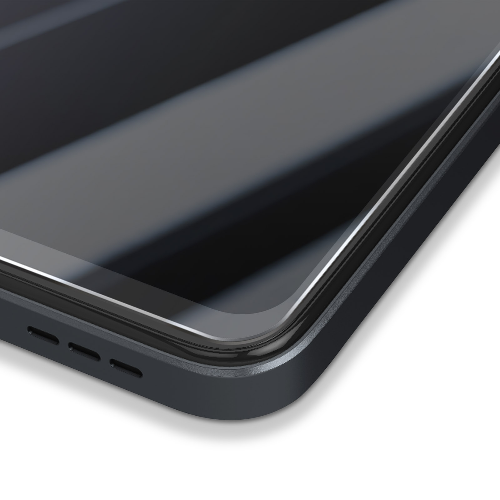 Primo piano di uno smartphone. Lo schermo è nero, con una cornice grigio scuro. Il telefono è su una superficie bianca.