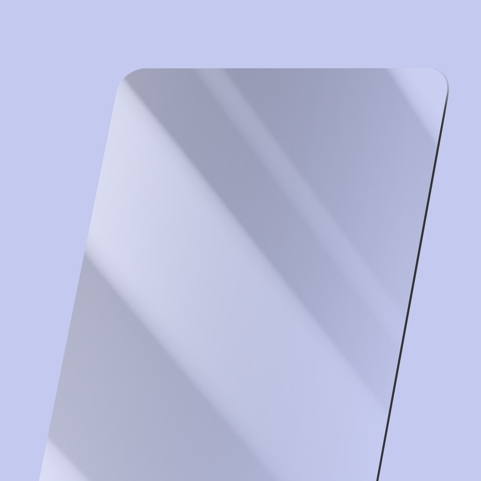 Uno sfondo viola chiaro con un rettangolo di vetro, angolo superiore sinistro arrotondato e ombra diagonale.