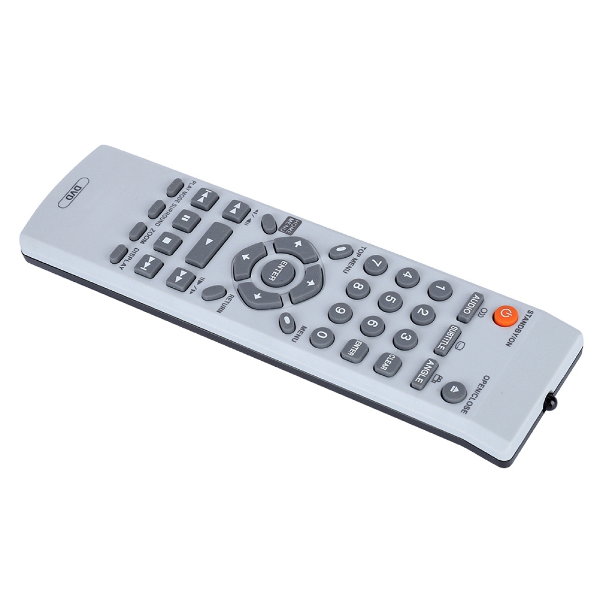 Graue Fernbedienung mit verschiedenen Tasten für einen DVD-Player, weißer Hintergrund.