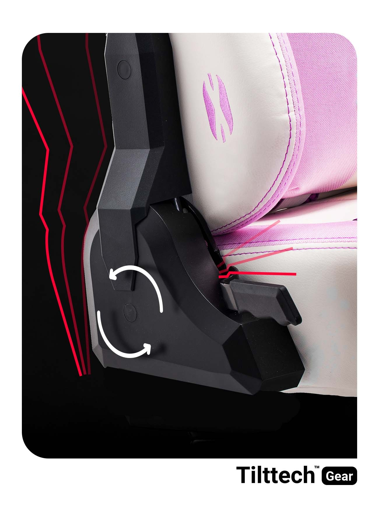 Szczegół mechanizmu krzesła do gier, czarno-biały z czerwonymi strzałkami akcentującymi.