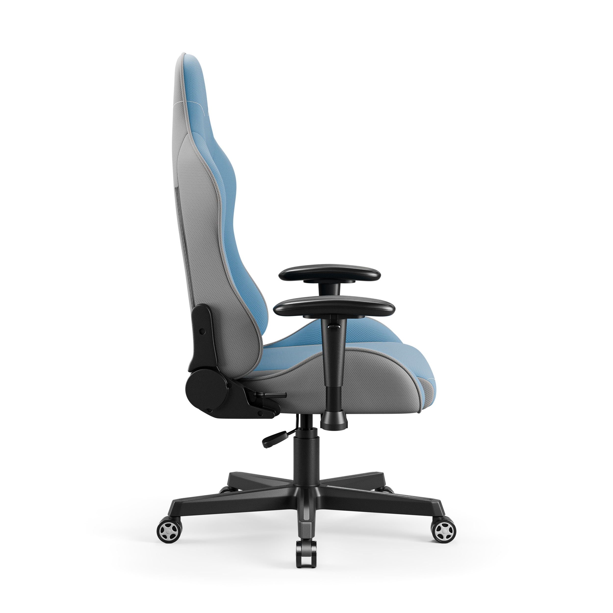 Niebieski i szary fotel do gier z boku. Czarna podstawa i podłokietniki. Białe tło.