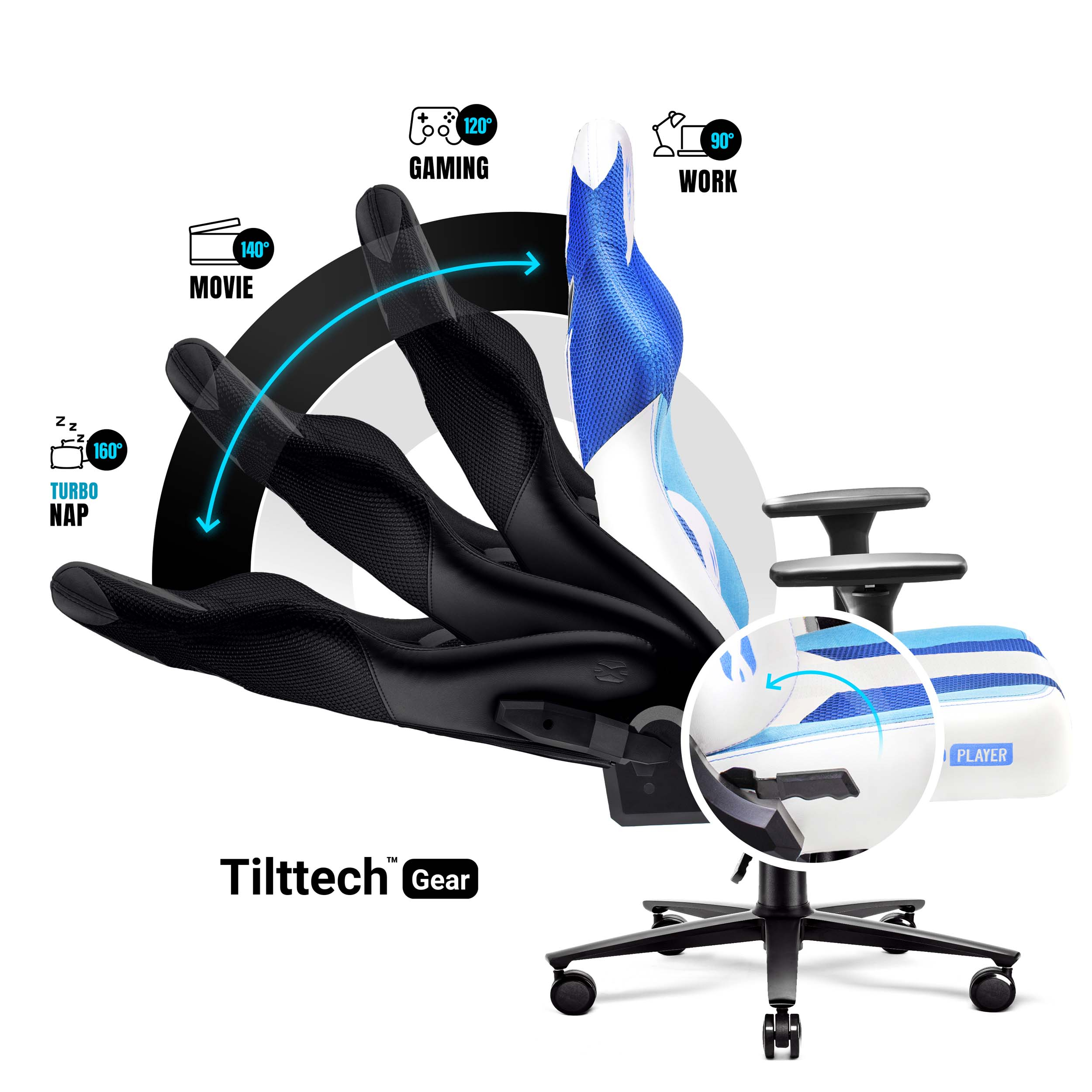 Ergonomiczny fotel do gier z opcjami pochylania. Pokazuje różne kąty dla pozycji filmowej, gier, pracy i drzemki.