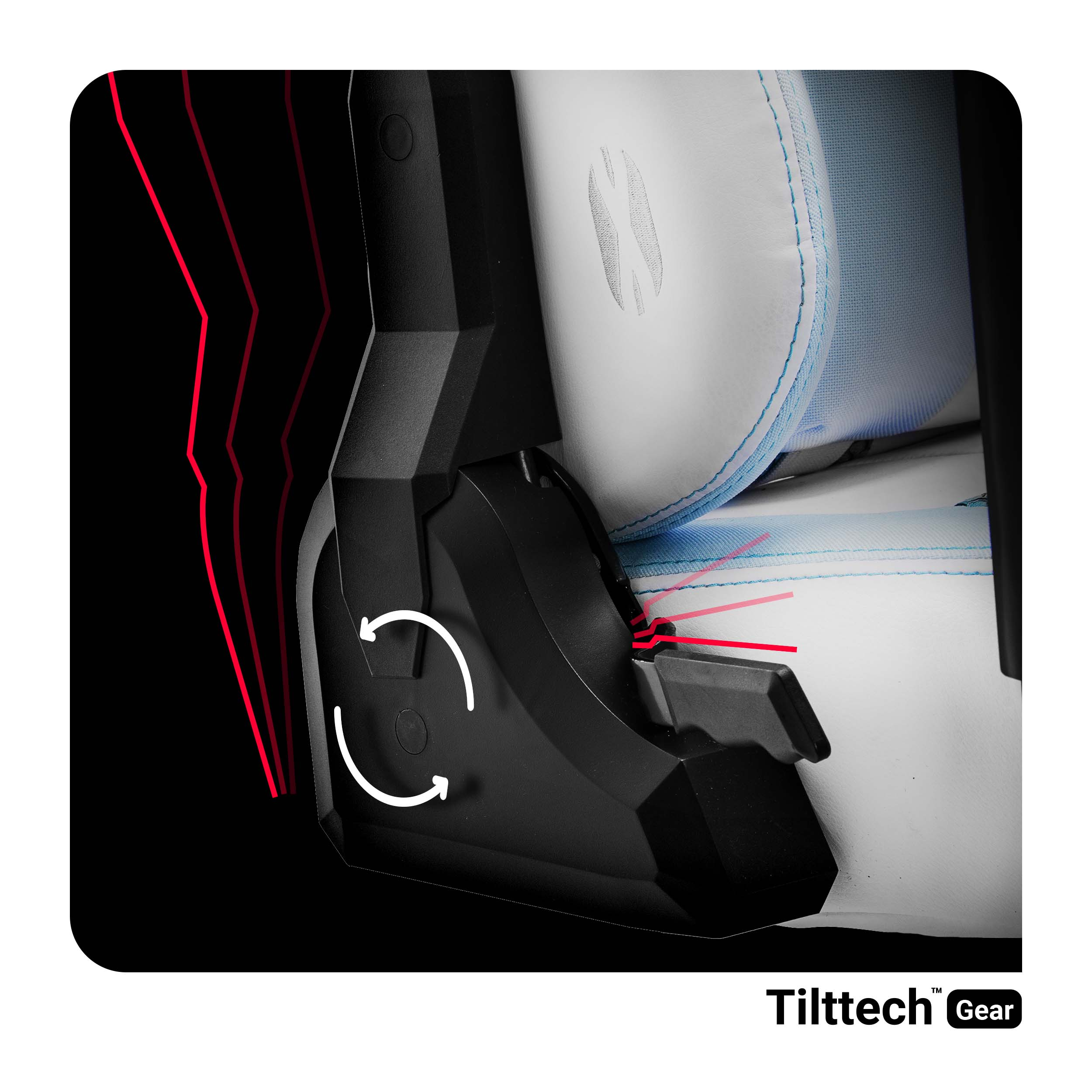 Zbliżenie mechanizmu fotela gamingowego, pokazujące funkcje pochylania i obracania, z logo 'Tilttech Gear'.